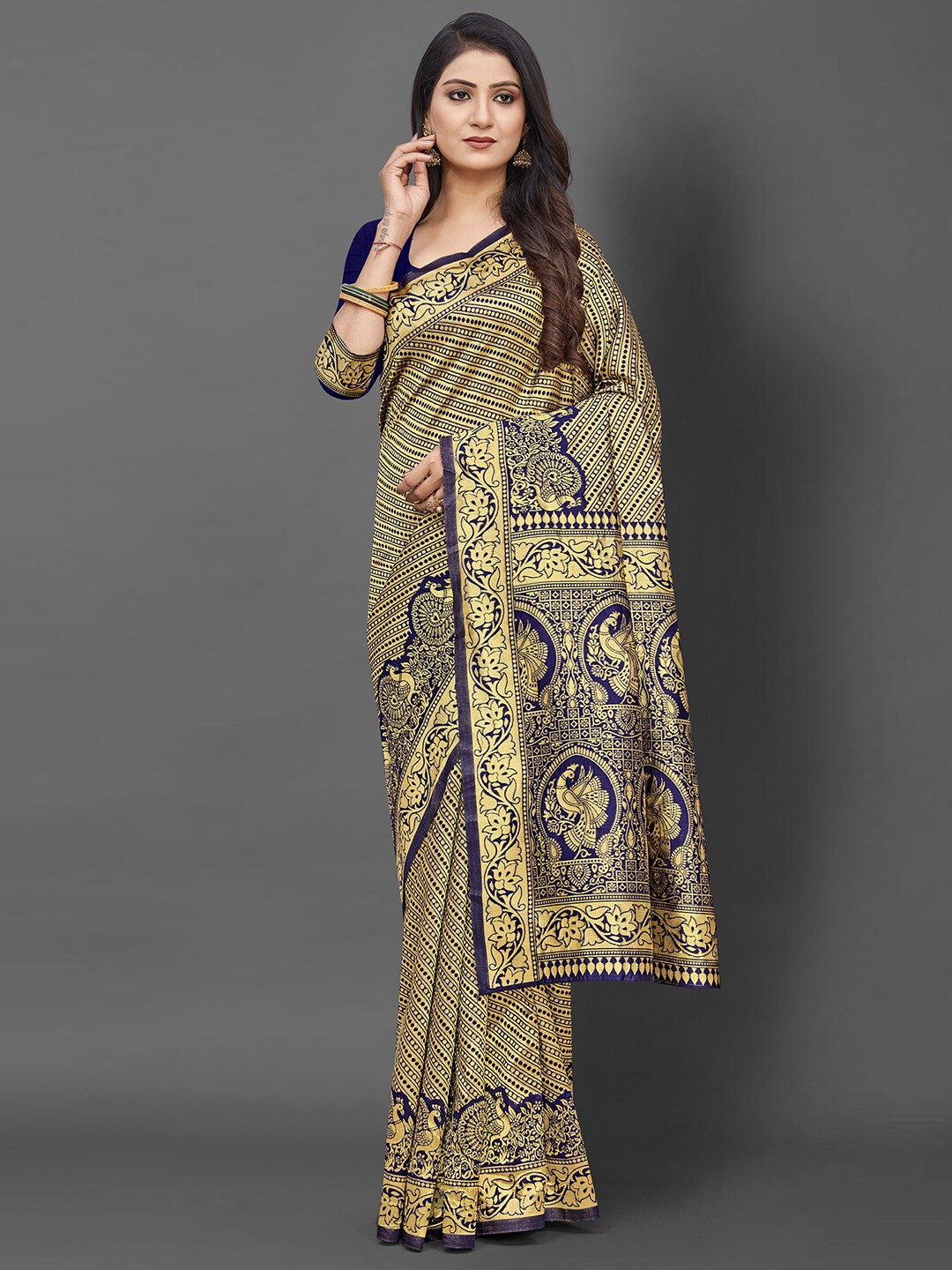

KALINI Navy Blue & Gold-Toned Ethnic Motifs Zari Silk Blend Banarasi Saree