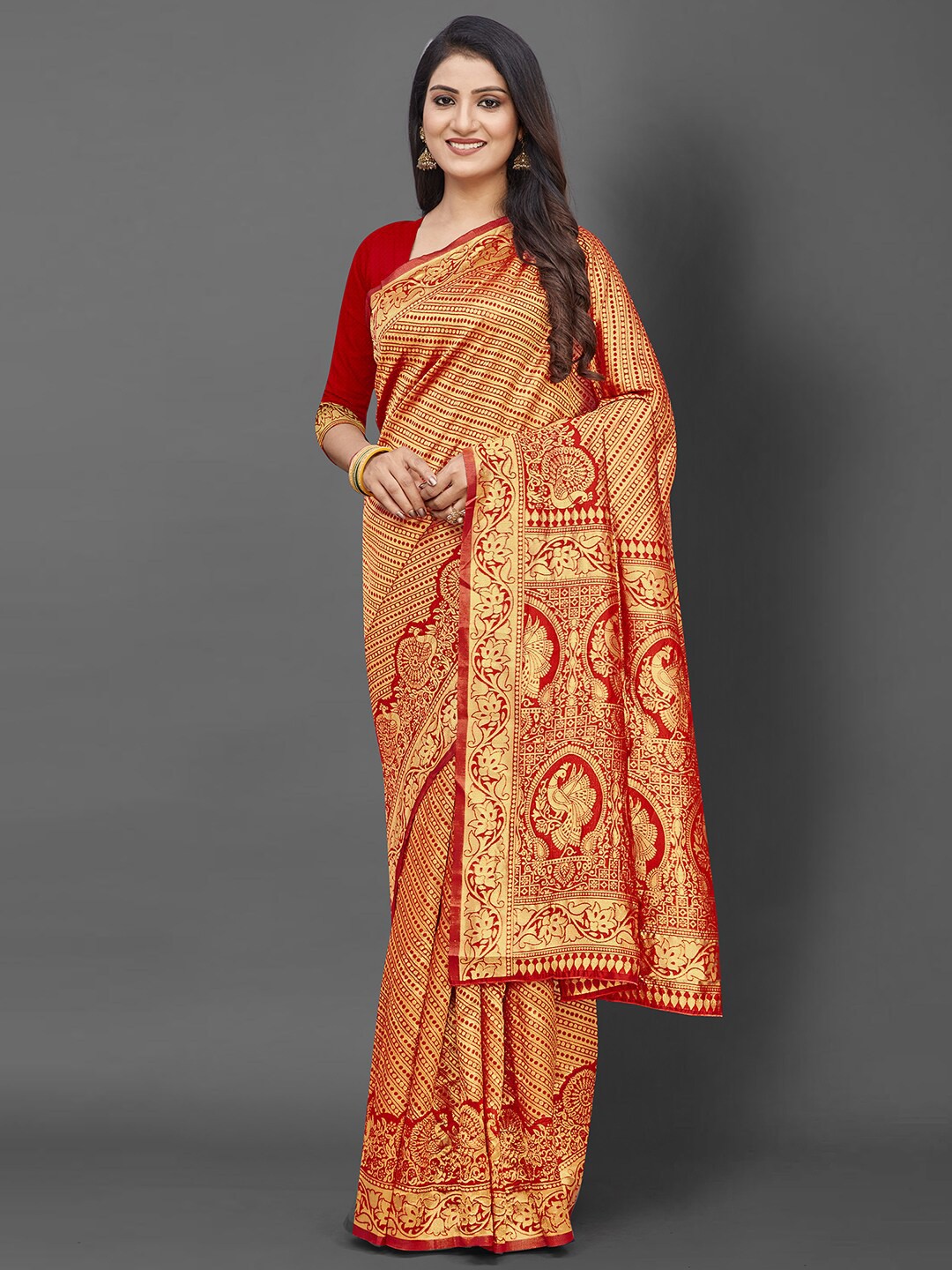 

KALINI Red & Gold-Toned Woven Design Zari Silk Blend Banarasi Saree
