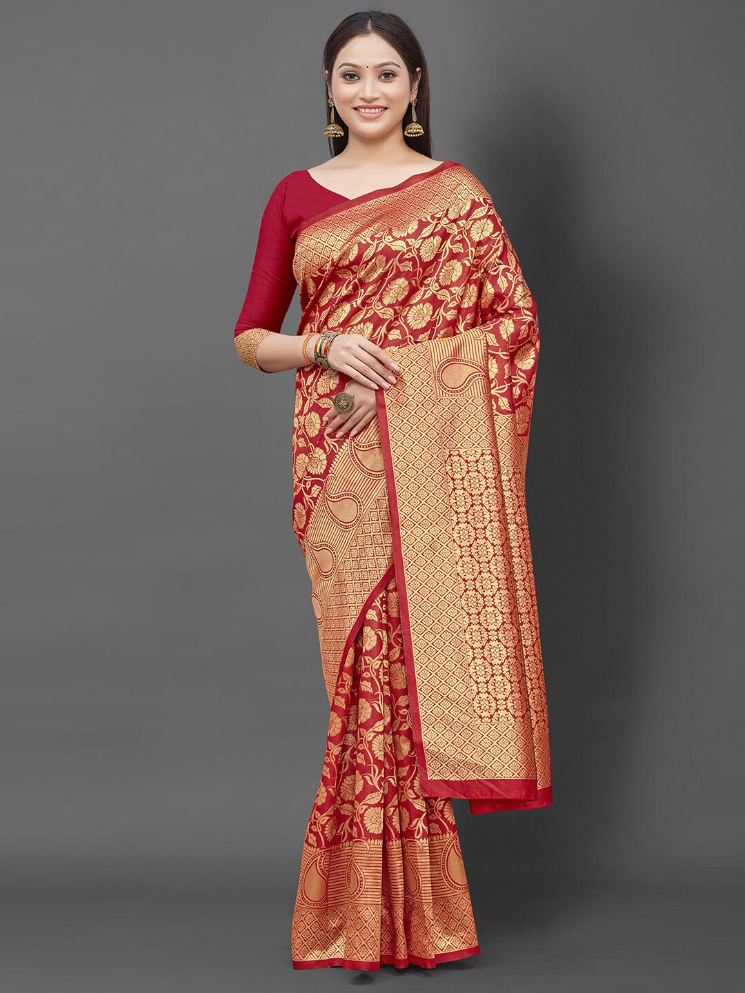 

KALINI Red & Gold-Toned Floral Zari Silk Blend Banarasi Saree