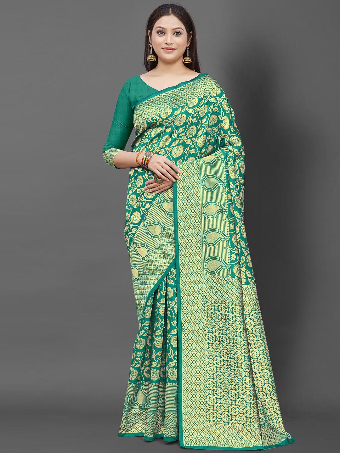 

KALINI Teal & Gold-Toned Woven Design Zari Silk Blend Banarasi Saree