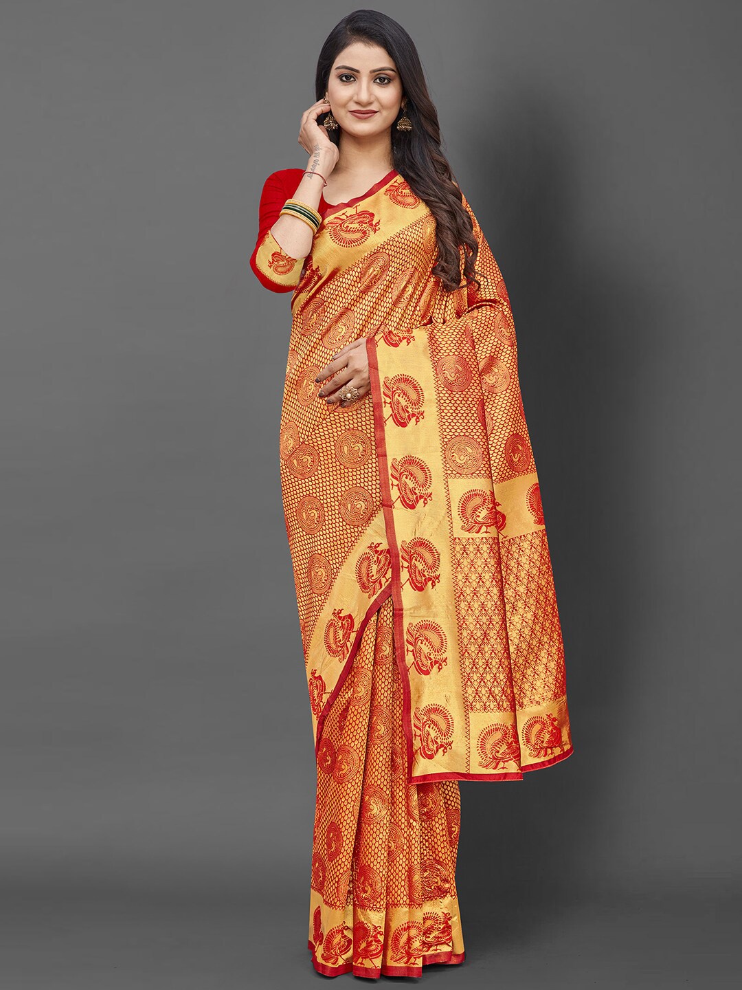 

KALINI Red & Gold-Toned Ethnic Motifs Zari Silk Blend Banarasi Saree with Matching Blouse