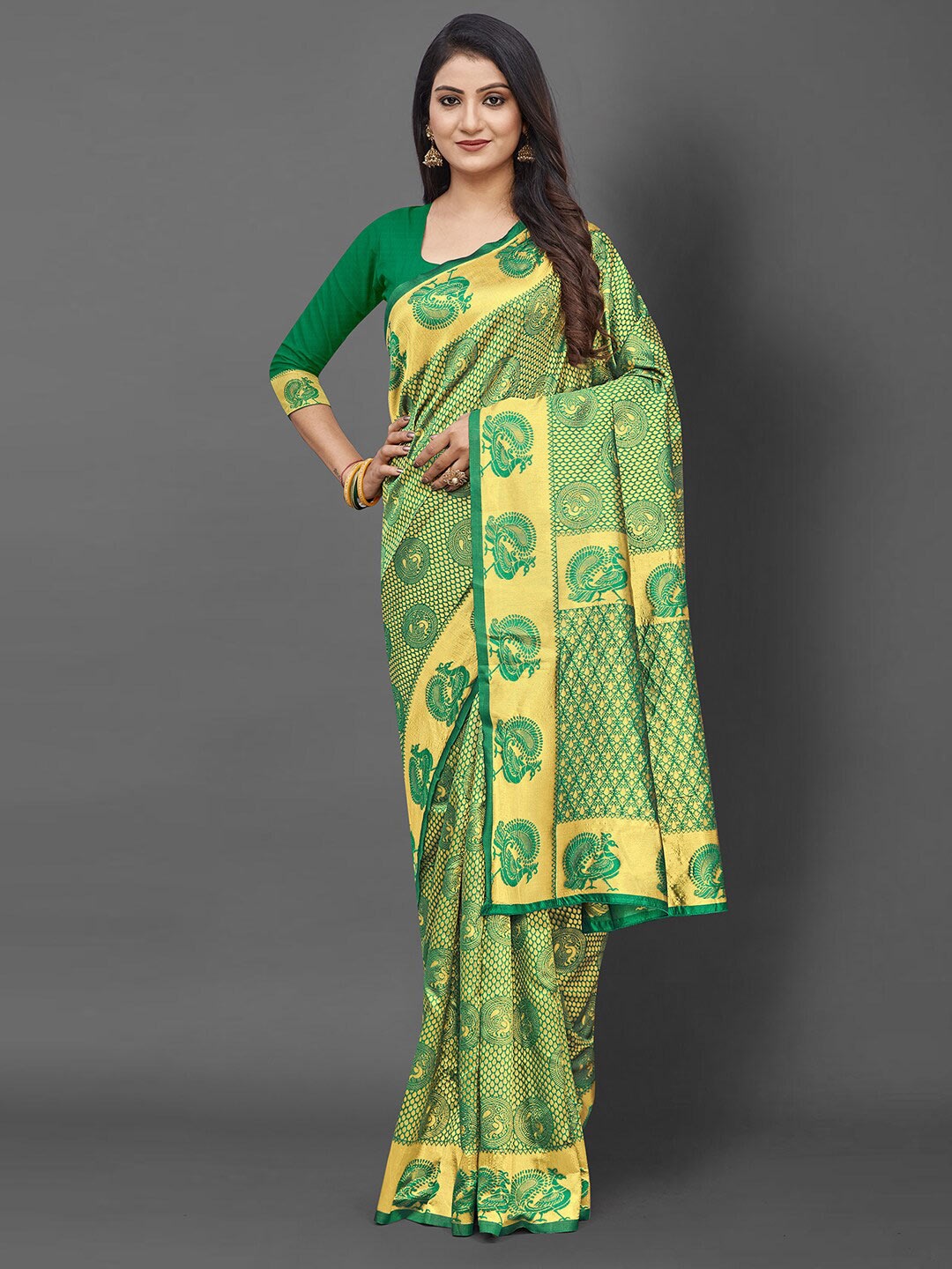 

KALINI Green & Gold-Toned Ethnic Motifs Silk Blend Banarasi Saree with Matching Blouse