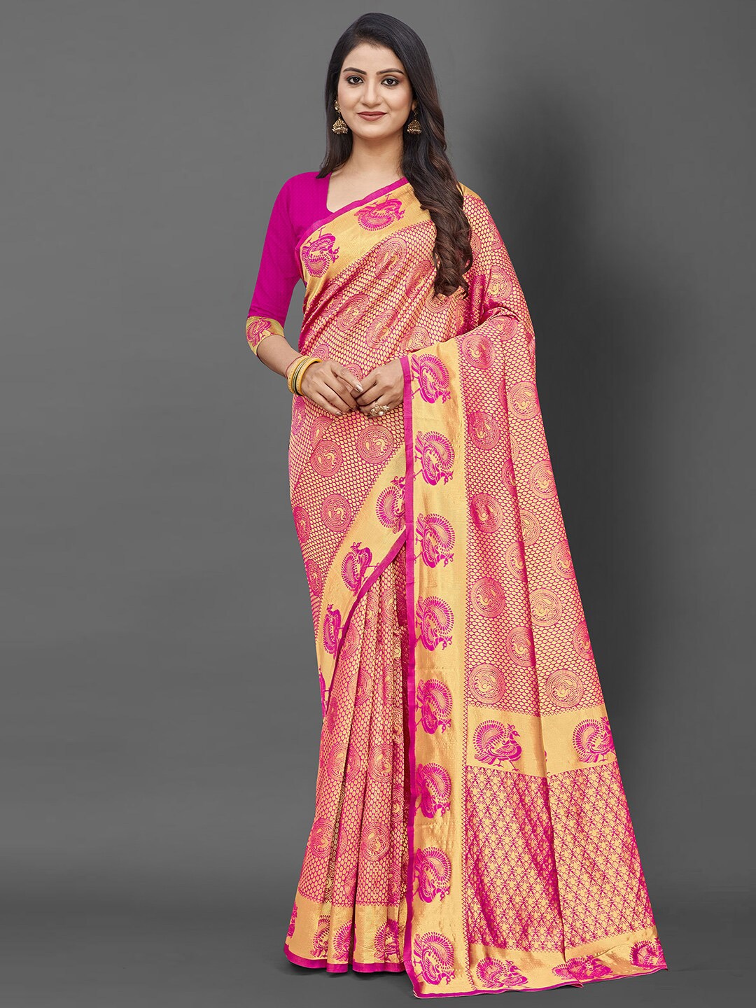 

KALINI Pink & Gold-Toned Woven Design Silk Blend Banarasi Saree with Matching Blouse
