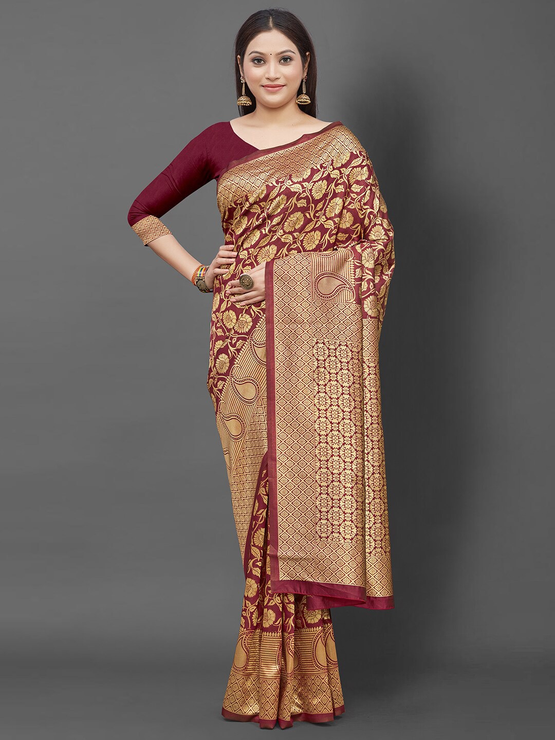 

KALINI Maroon & Gold-Toned Floral Zari Silk Blend Saree