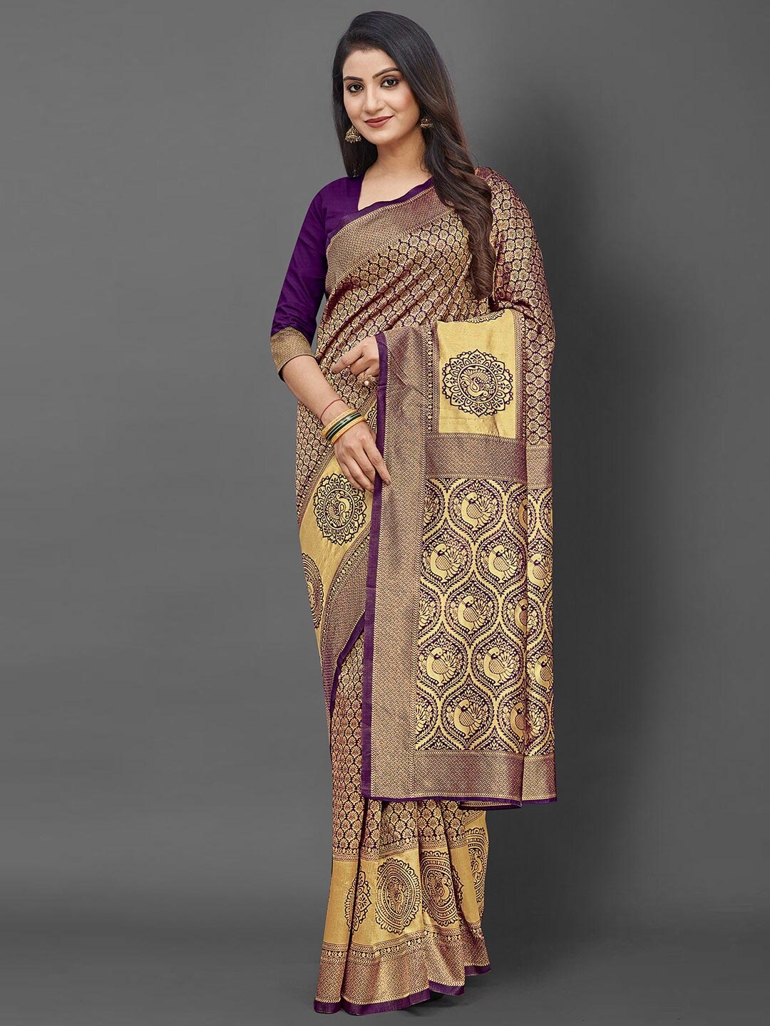 

KALINI Purple & Gold-Toned Ethnic Motifs Zari Silk Blend Banarasi Saree