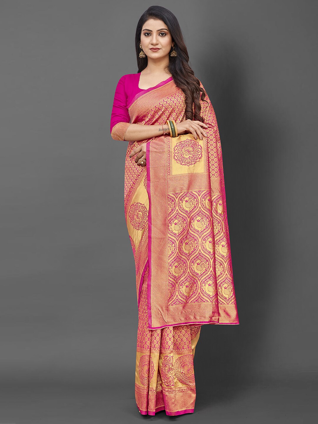 

KALINI Pink & Gold-Toned Ethnic Motifs Zari Silk Blend Banarasi Saree