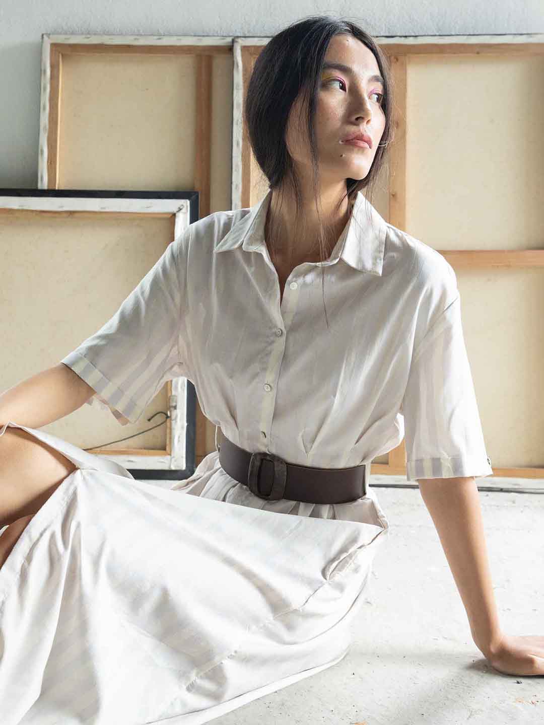 

RAREISM Women Off White Striped Shirt Midi Dress