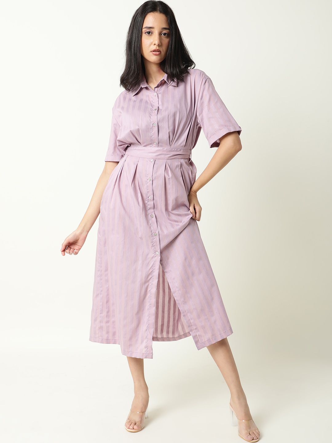 

RAREISM Women Pink Striped Shirt Midi Dress