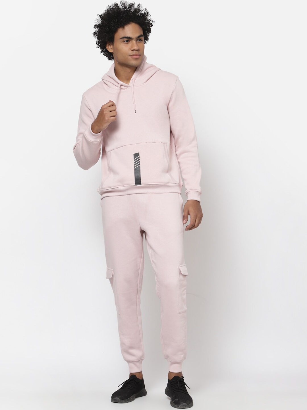 

YOONOY Men Pink Solid Sweatshirt & Cargo Fleece Jogger Tracksuit Set