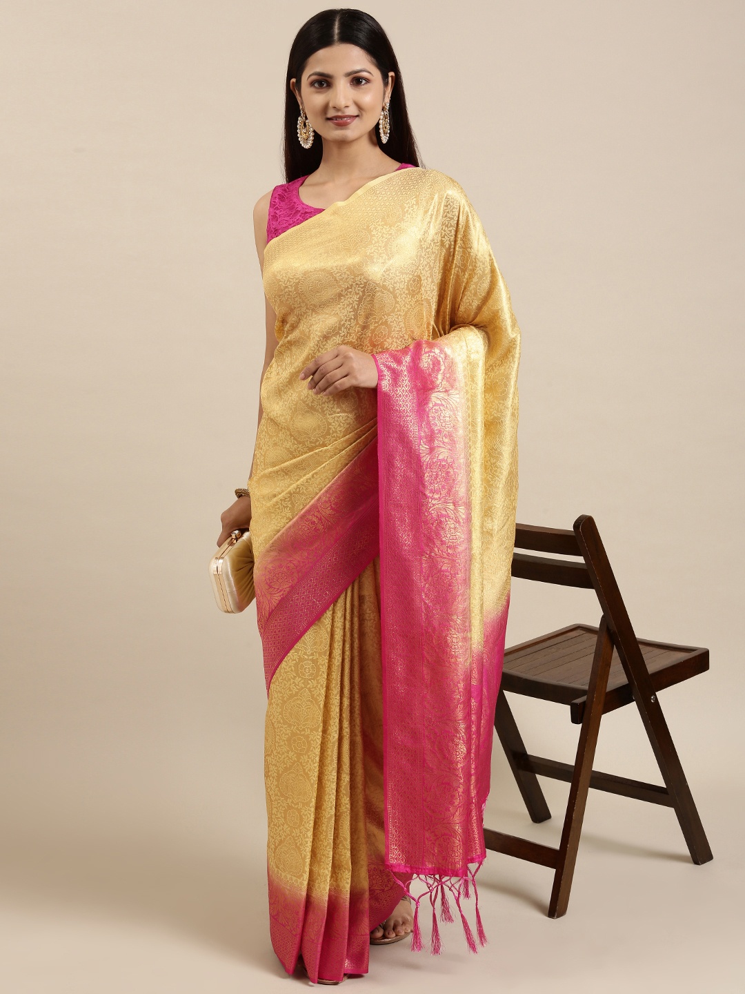 

Fabcartz Pink & Yellow Ethnic Motifs Zari Art Silk Banarasi Saree