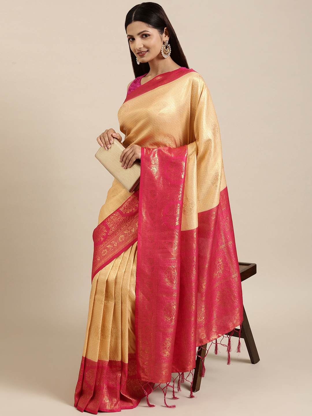 

Fabcartz Pink & Beige Paisley Zari Art Silk Banarasi Saree