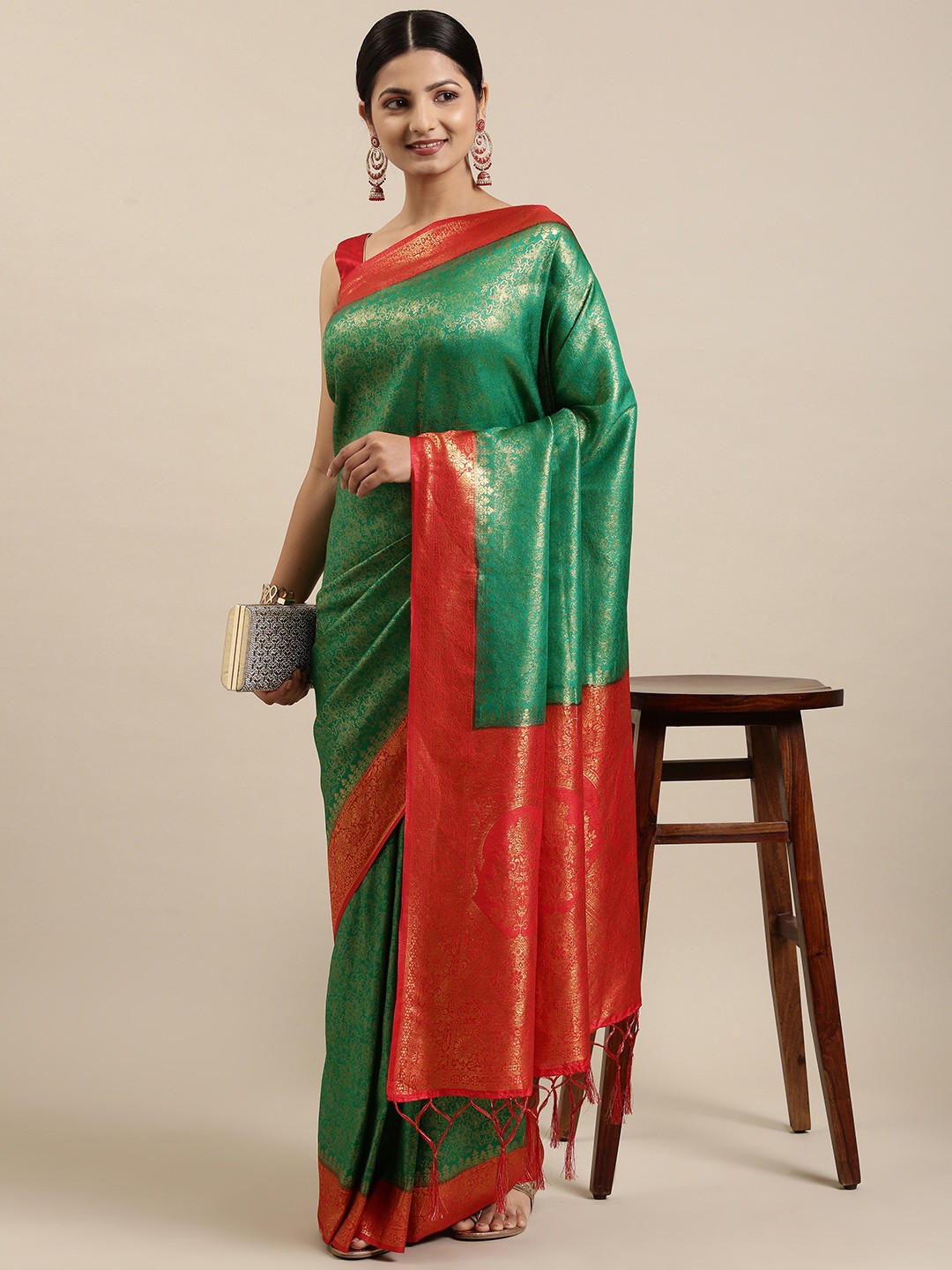 

Fabcartz Red & Green Floral Zari Art Silk Banarasi Saree