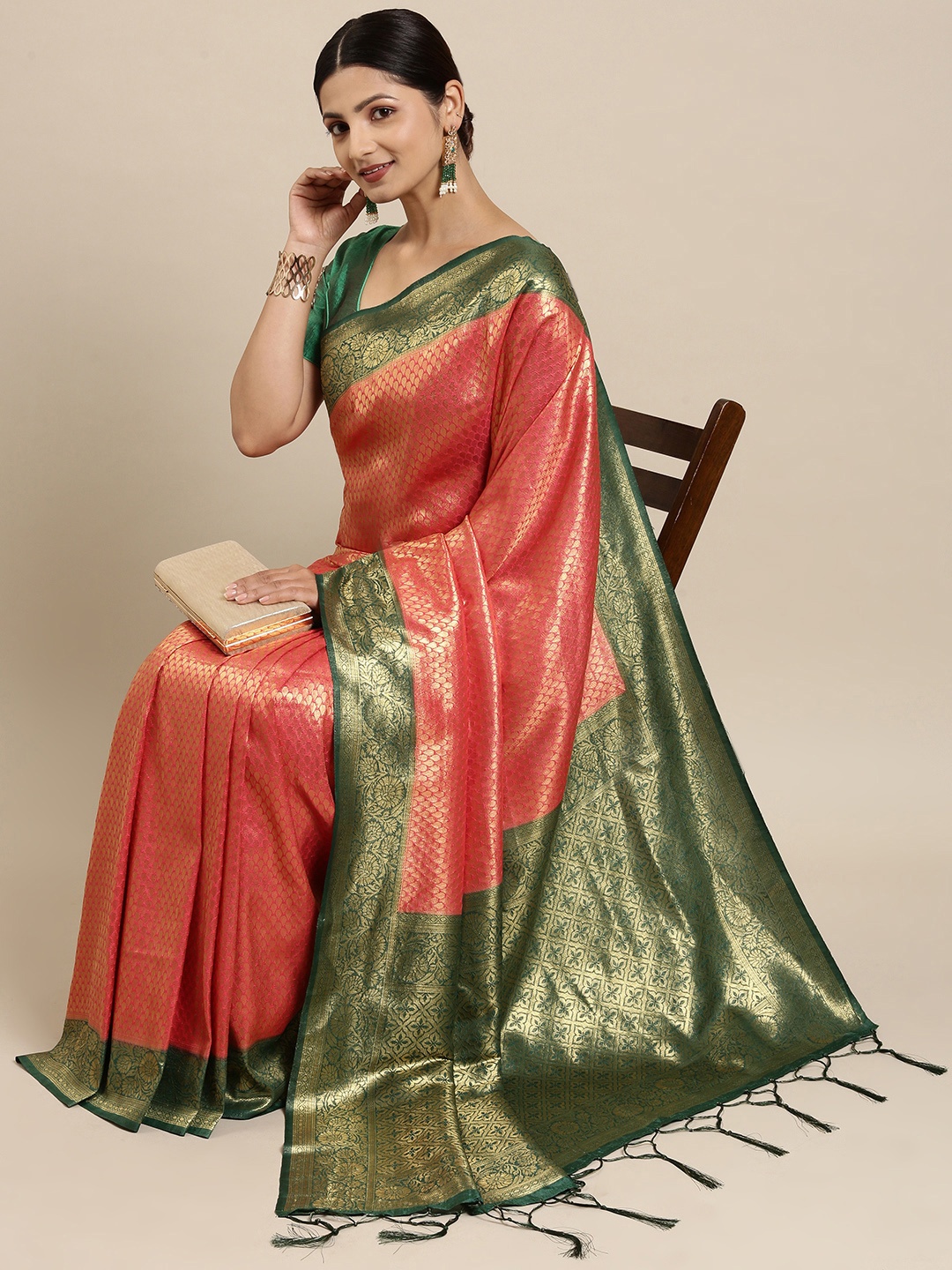 

Fabcartz Green & Orange Zari Art Silk Banarasi Saree