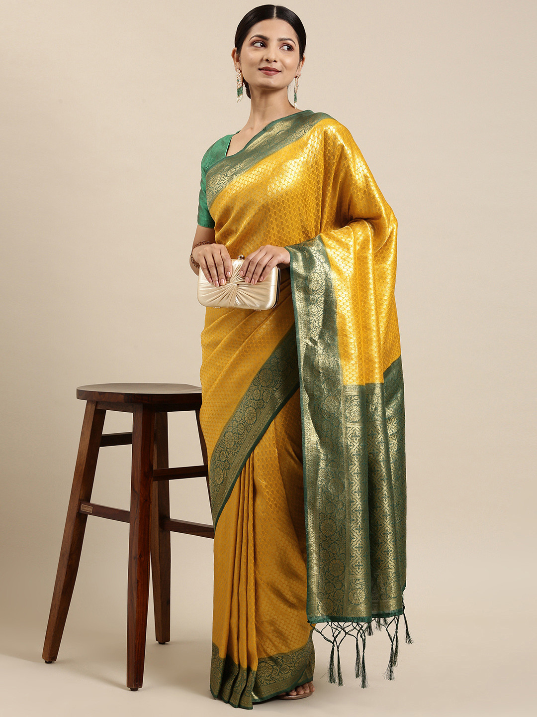 

Fabcartz Green & Yellow Zari Art Silk Banarasi Saree
