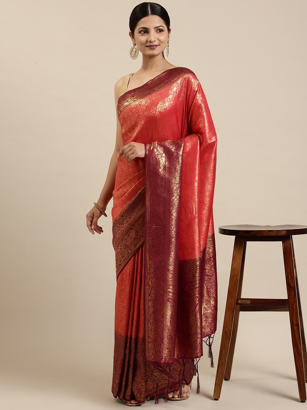 

Fabcartz Purple & Orange Ethnic Motifs Zari Art Silk Banarasi Saree