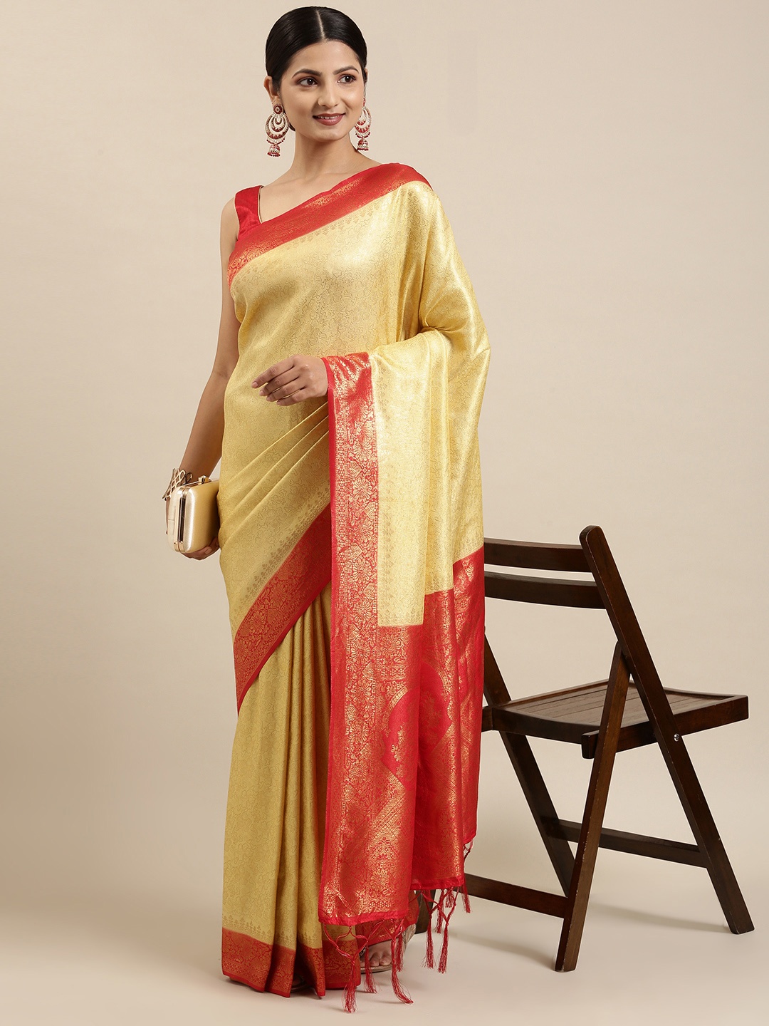 

Fabcartz Yellow & Red Floral Zari Art Silk Banarasi Saree