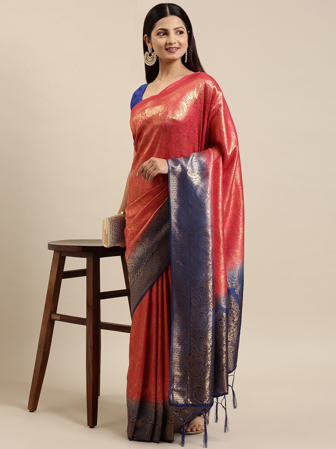 

Fabcartz Navy Blue & Red Floral Zari Art Silk Banarasi Saree