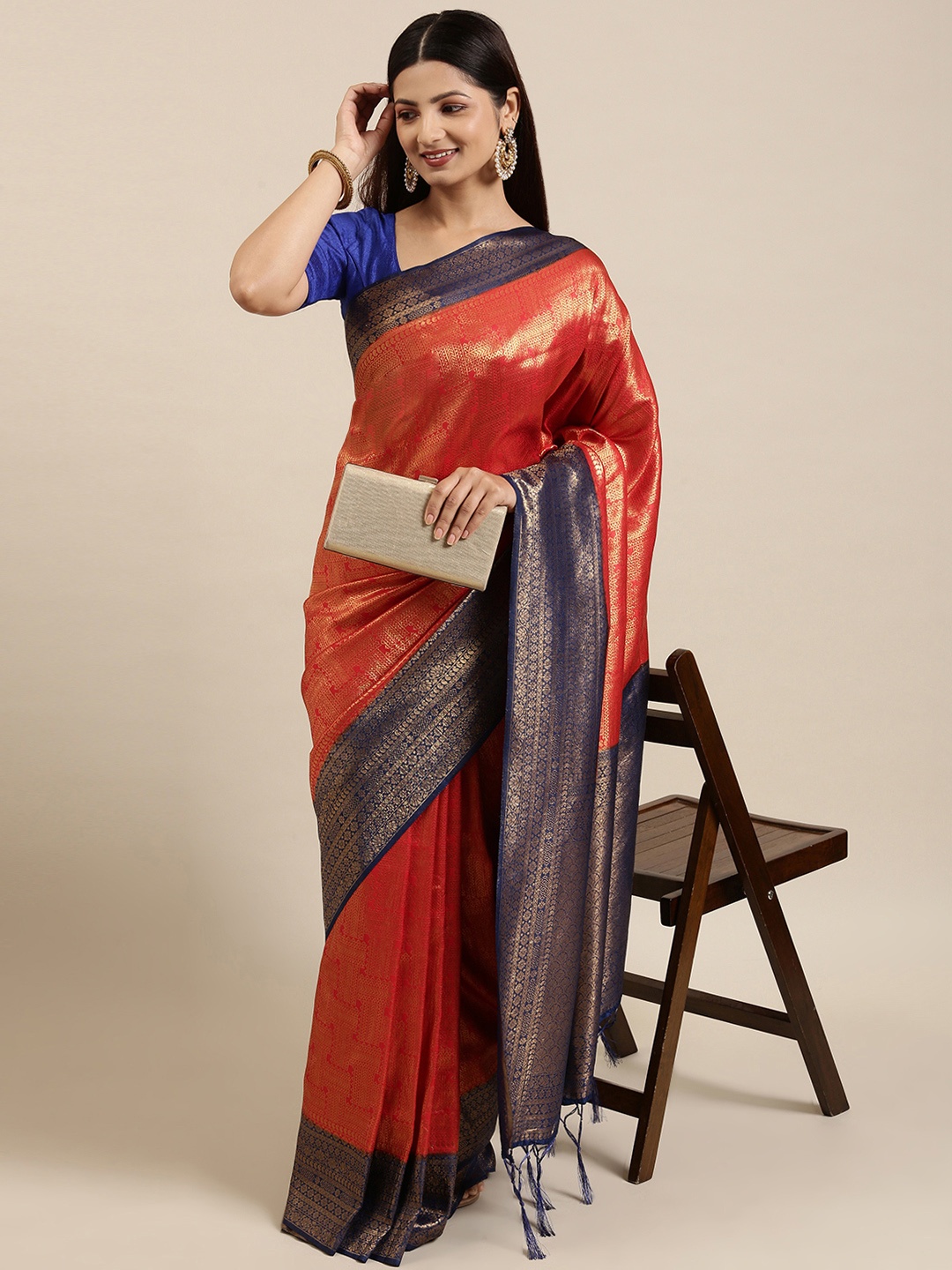 

Fabcartz Navy Blue & Red Zari Art Silk Banarasi Saree