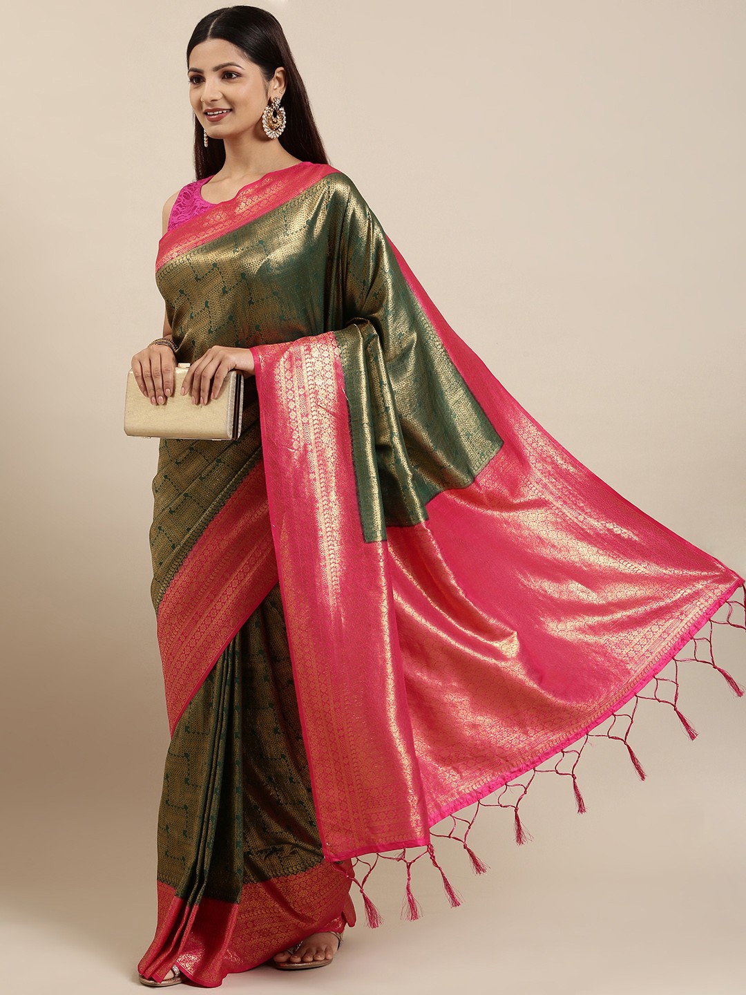

Fabcartz Pink & Green Zari Art Silk Banarasi Saree