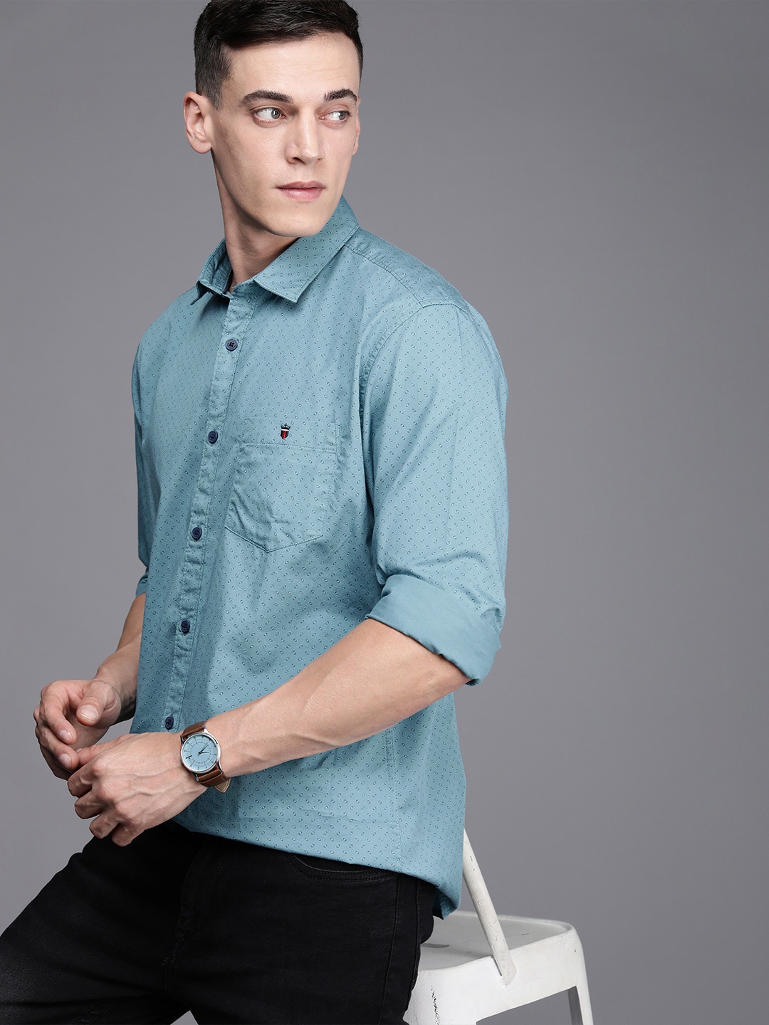 

Louis Philippe Jeans Men Teal Blue Slim Fit Ditsy Printed Pure Cotton Casual Shirt