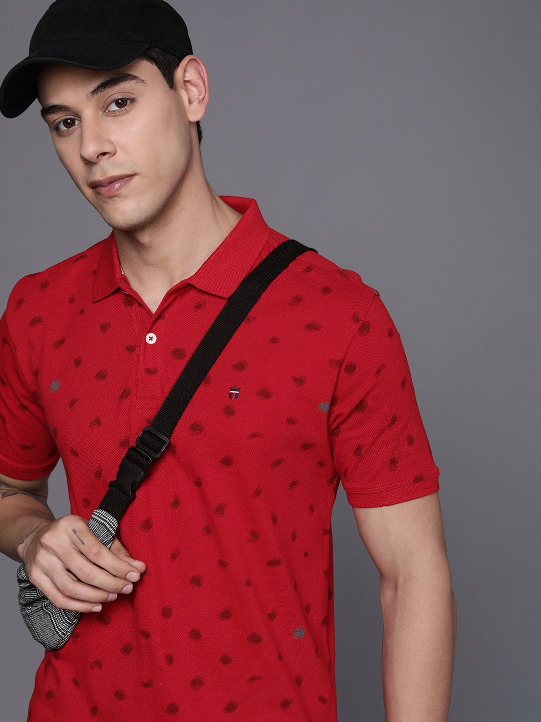 

Louis Philippe Jeans Men Red Printed Polo Collar Pure Cotton T-shirt