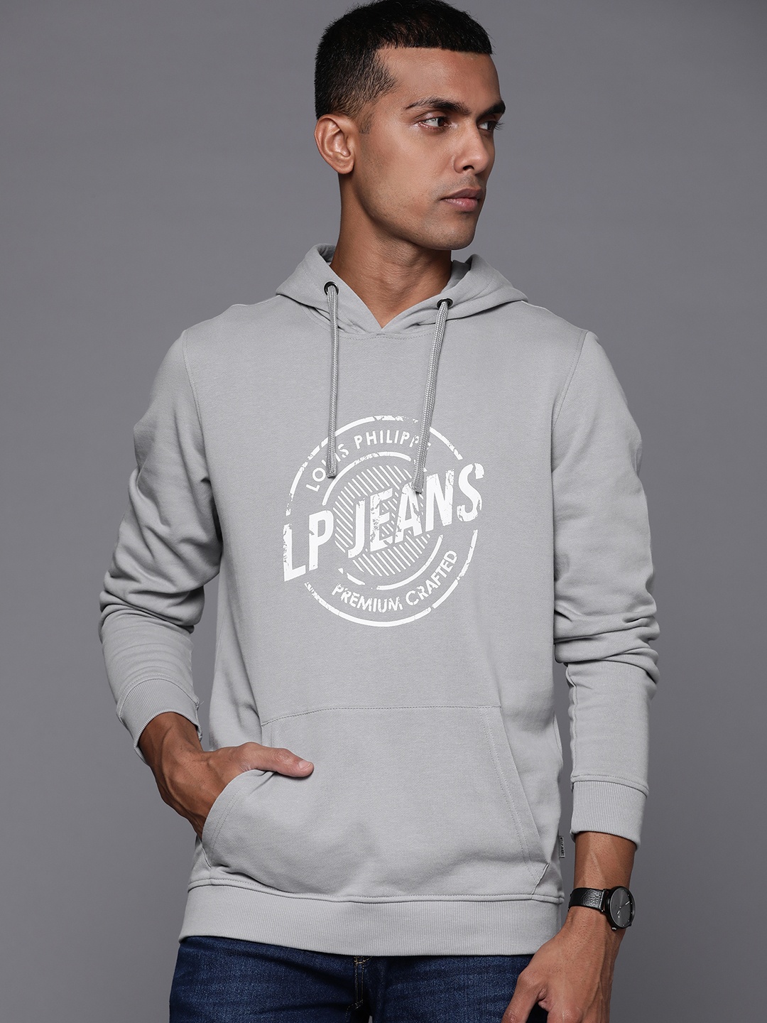 

Louis Philippe Jeans Men Grey & White Printed Pure Cotton Hooded Sweatshirt