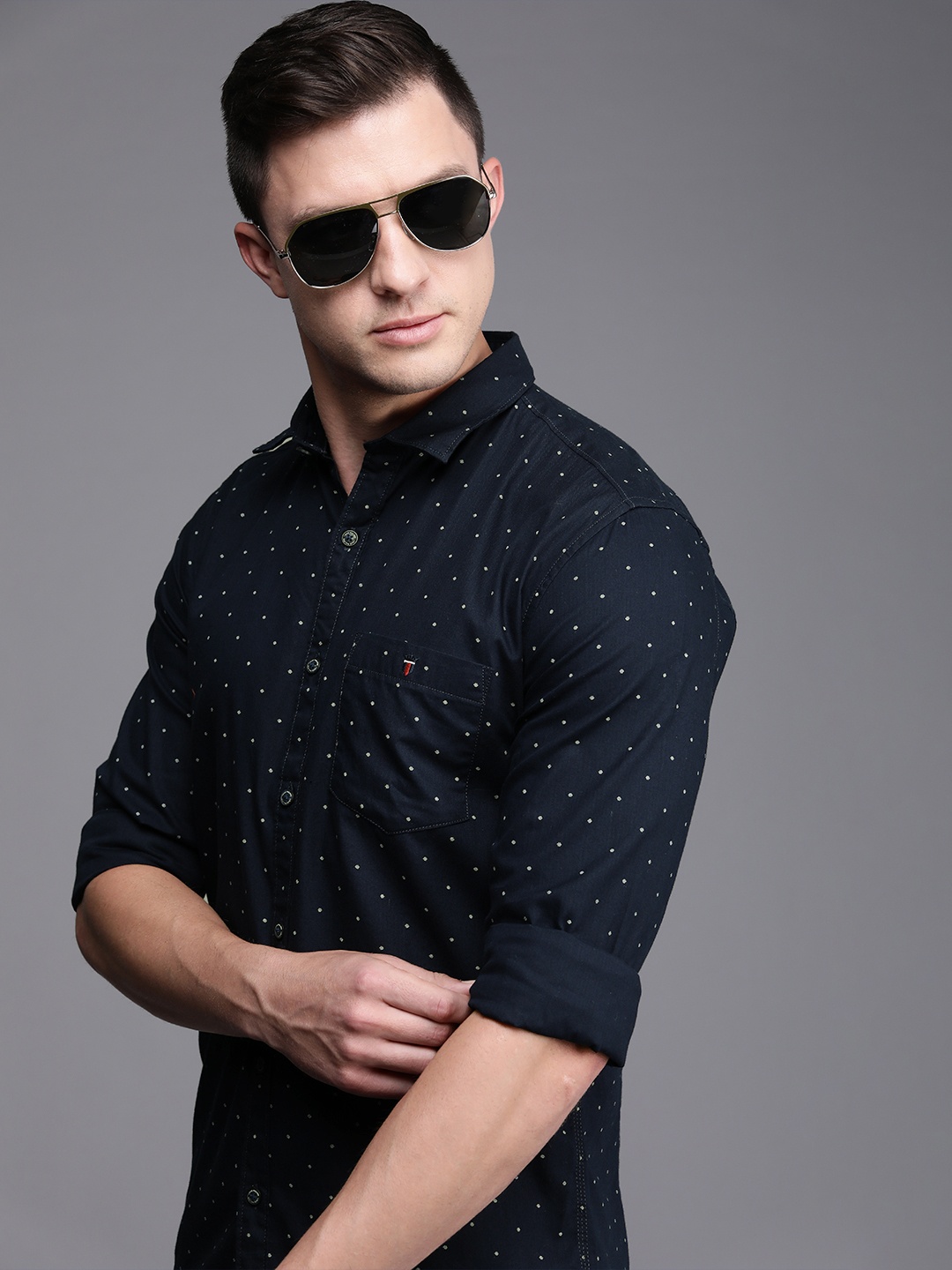 

Louis Philippe Jeans Men Navy Blue Super Slim Fit Printed Pure Cotton Casual Shirt