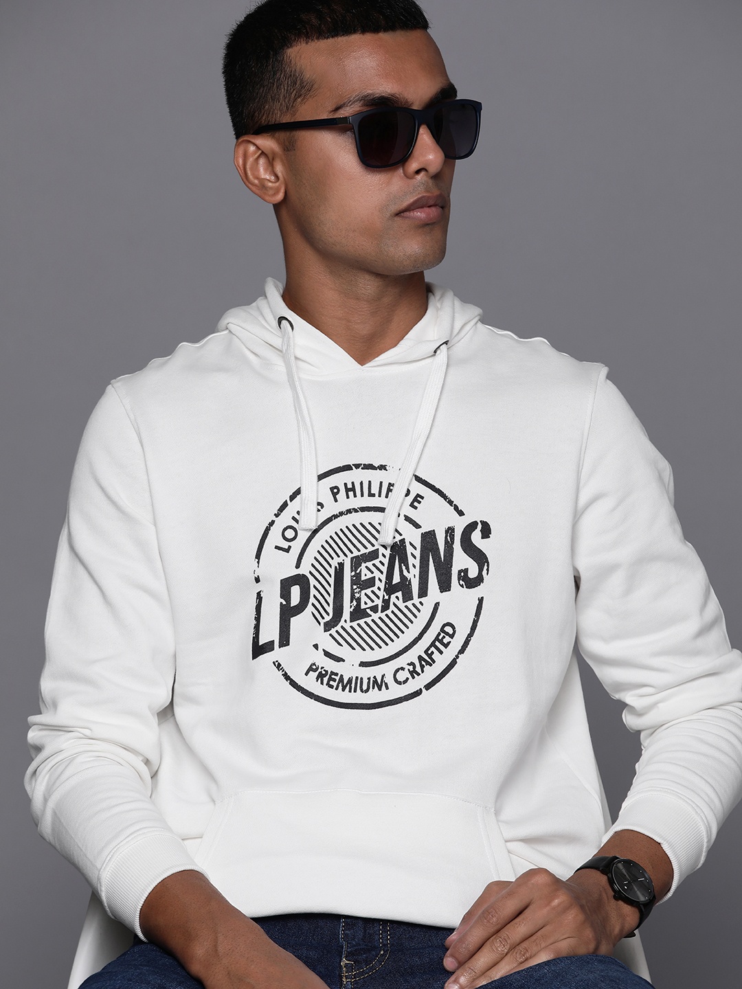 

Louis Philippe Jeans Men White & Black Printed Cotton Hooded Sweatshirt