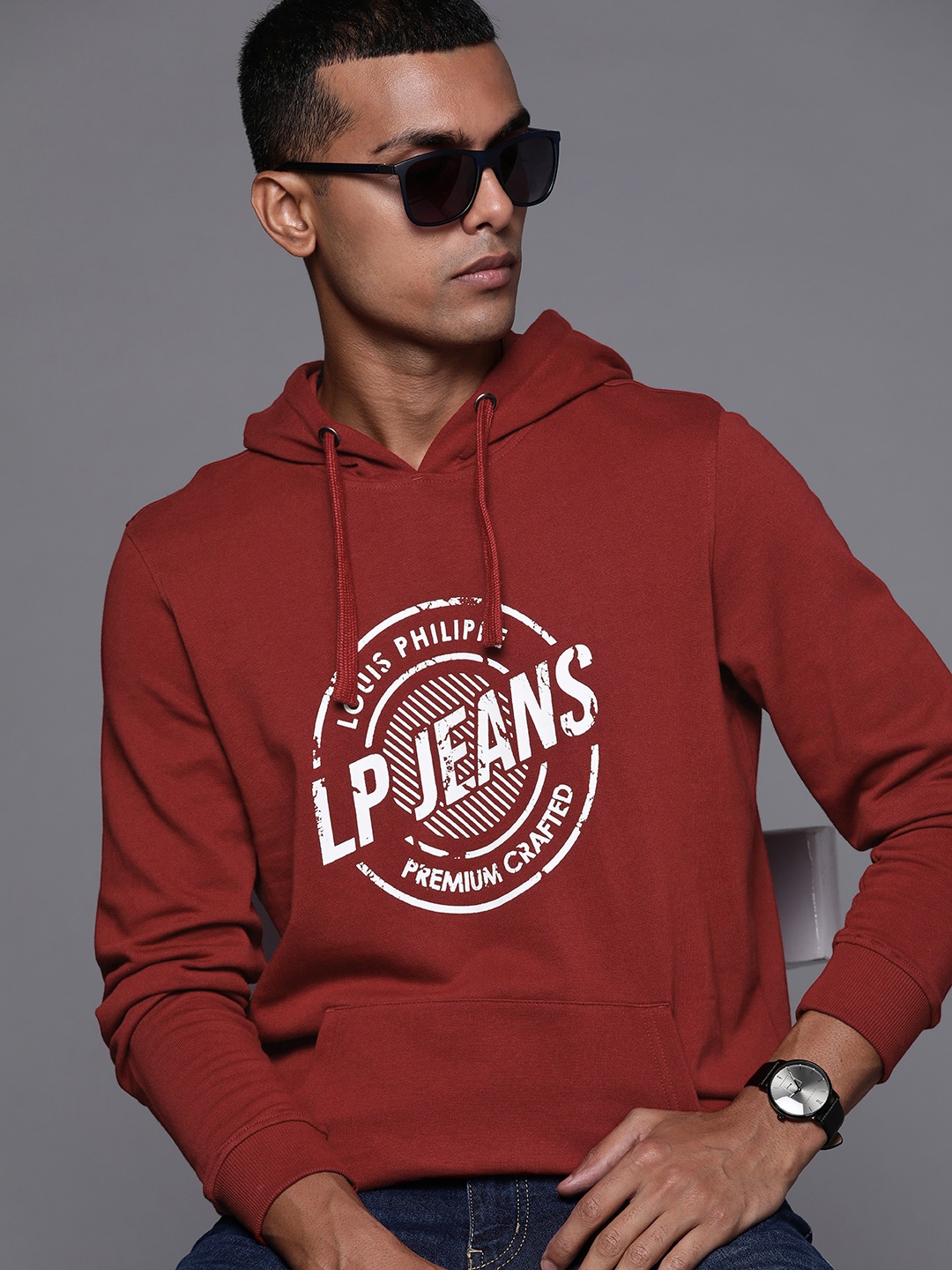 

Louis Philippe Jeans Men Red & White Printed Pure Cotton Hooded Sweatshirt
