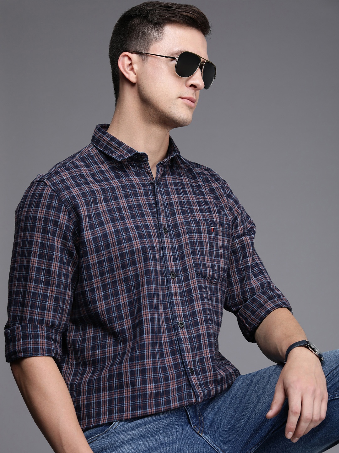

Louis Philippe Jeans Men Navy Blue & Rust Pink Slim Fit Tartan Checked Cotton Casual Shirt