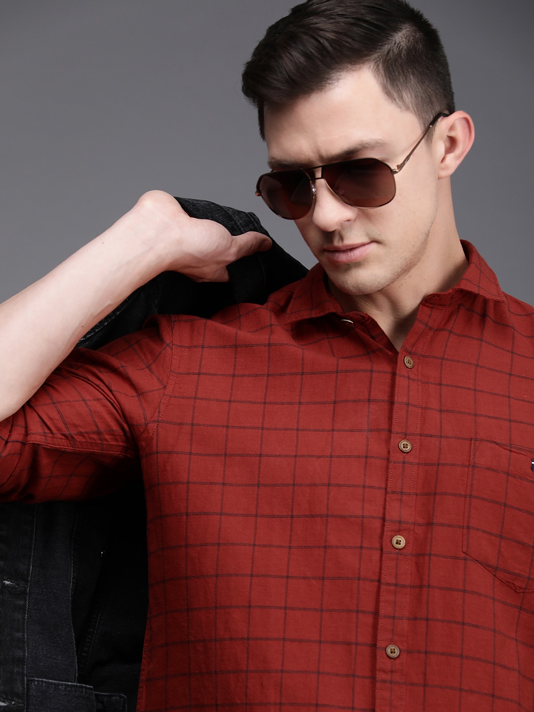 

Louis Philippe Jeans Men Red Slim Fit Grid Tattersall Checked Casual Shirt