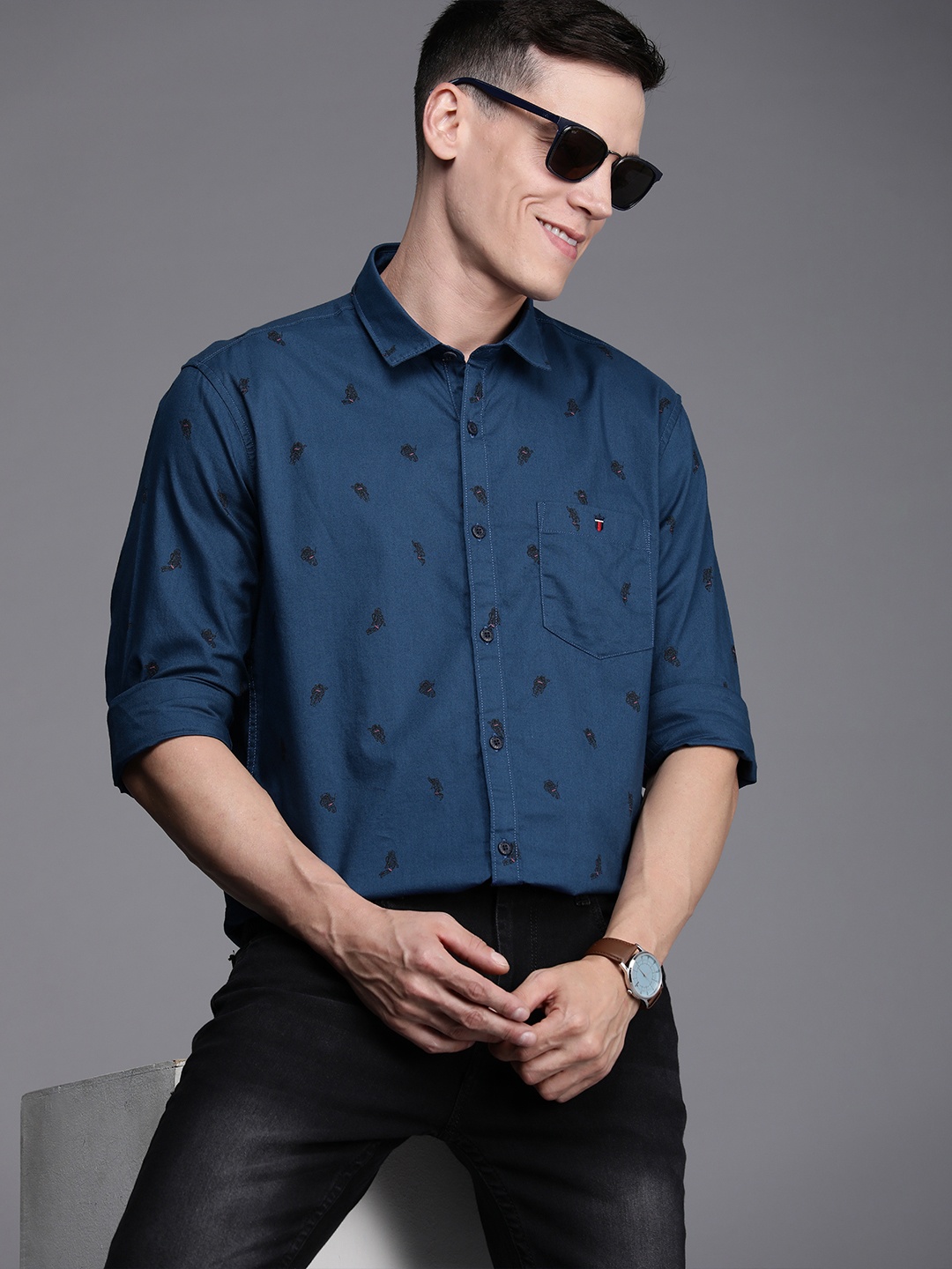 

Louis Philippe Jeans Men Navy Blue Slim Fit Printed Pure Cotton Casual Shirt