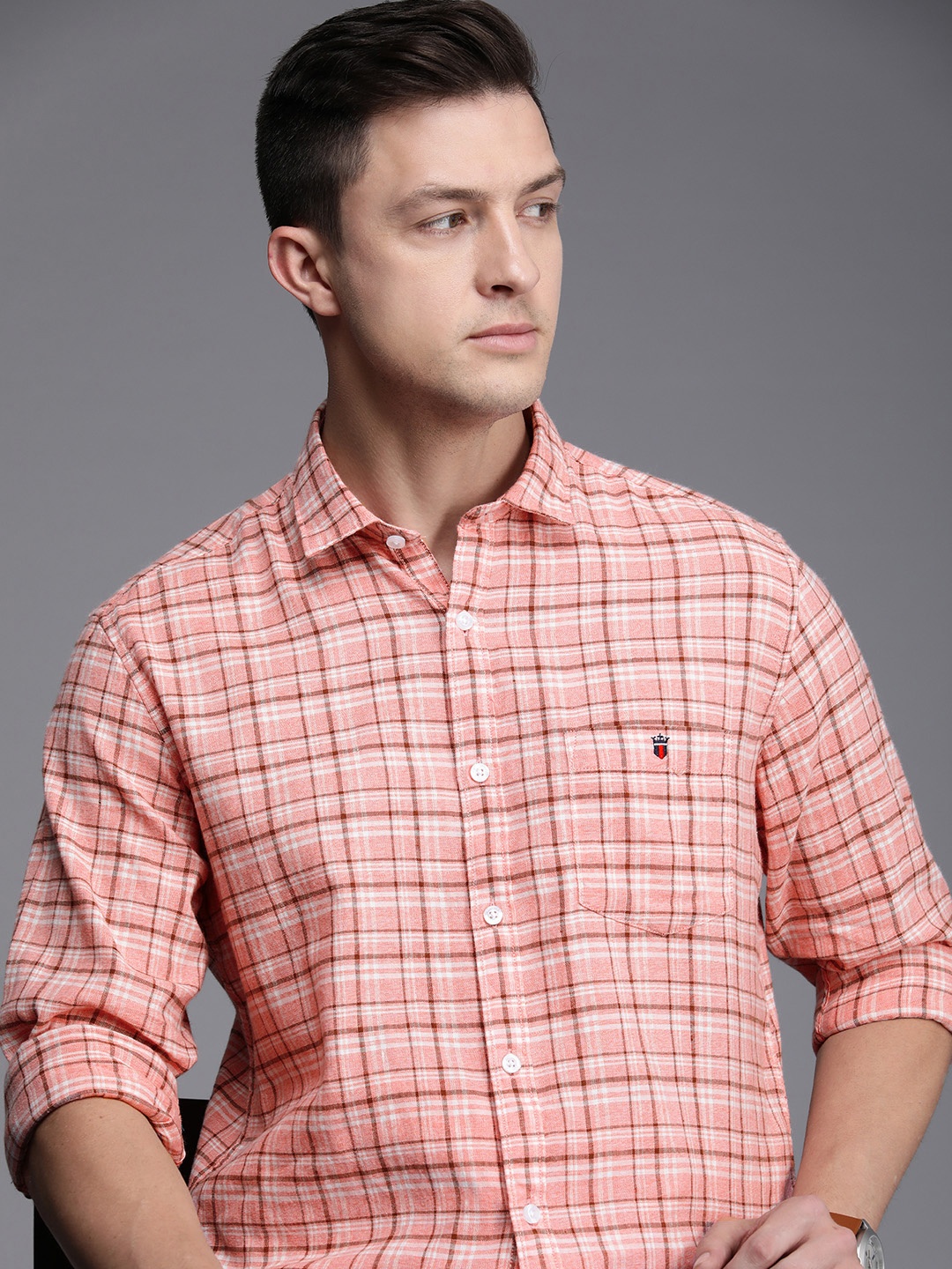 

Louis Philippe Jeans Men Pink Slim Fit Tartan Checked Linen Cotton Casual Shirt
