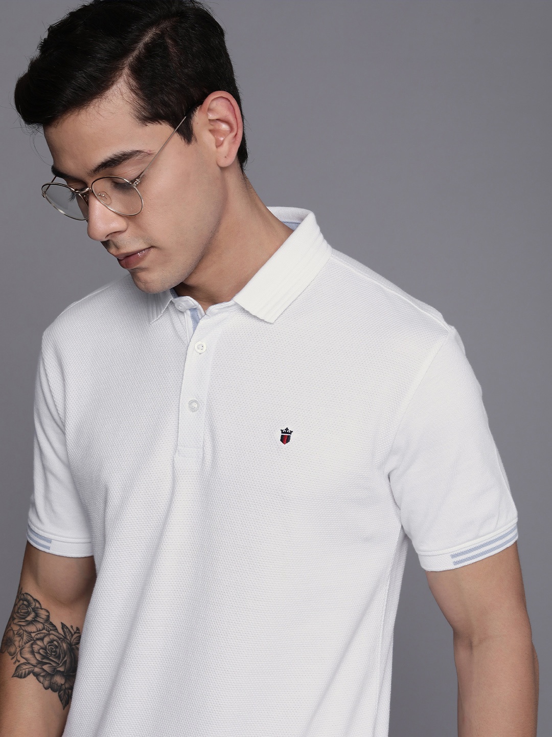 

Louis Philippe Jeans Men White Textured Polo Collar Pure Cotton T-shirt