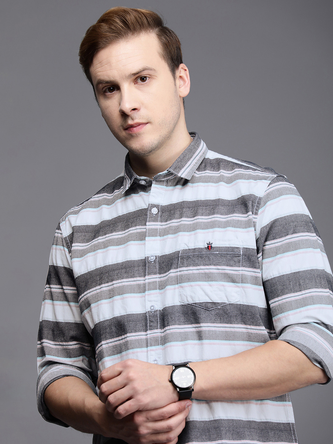

Louis Philippe Jeans Men Grey Slim Fit Horizontal Stripes Pure Cotton Casual Shirt