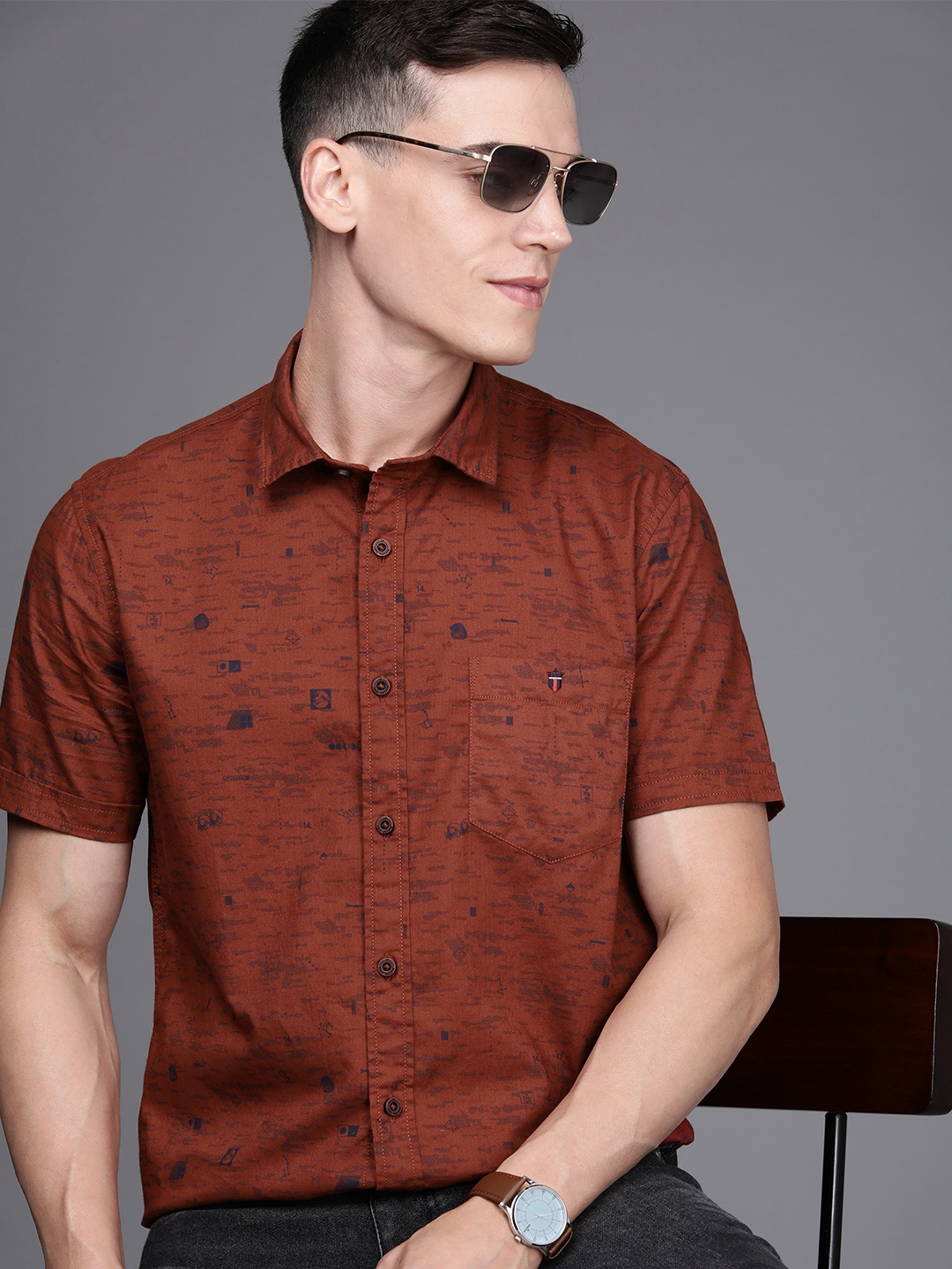 

Louis Philippe Jeans Men Brown Super Slim Fit Printed Pure Cotton Casual Shirt