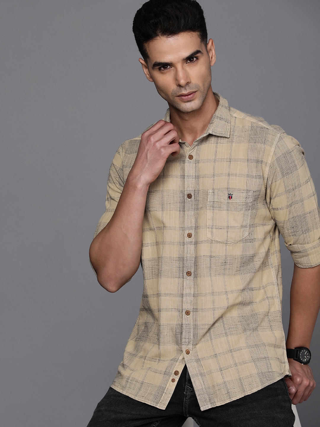 

Louis Philippe Jeans Men Beige Pure Cotton Natural Dye Slim Fit Checked Casual Shirt