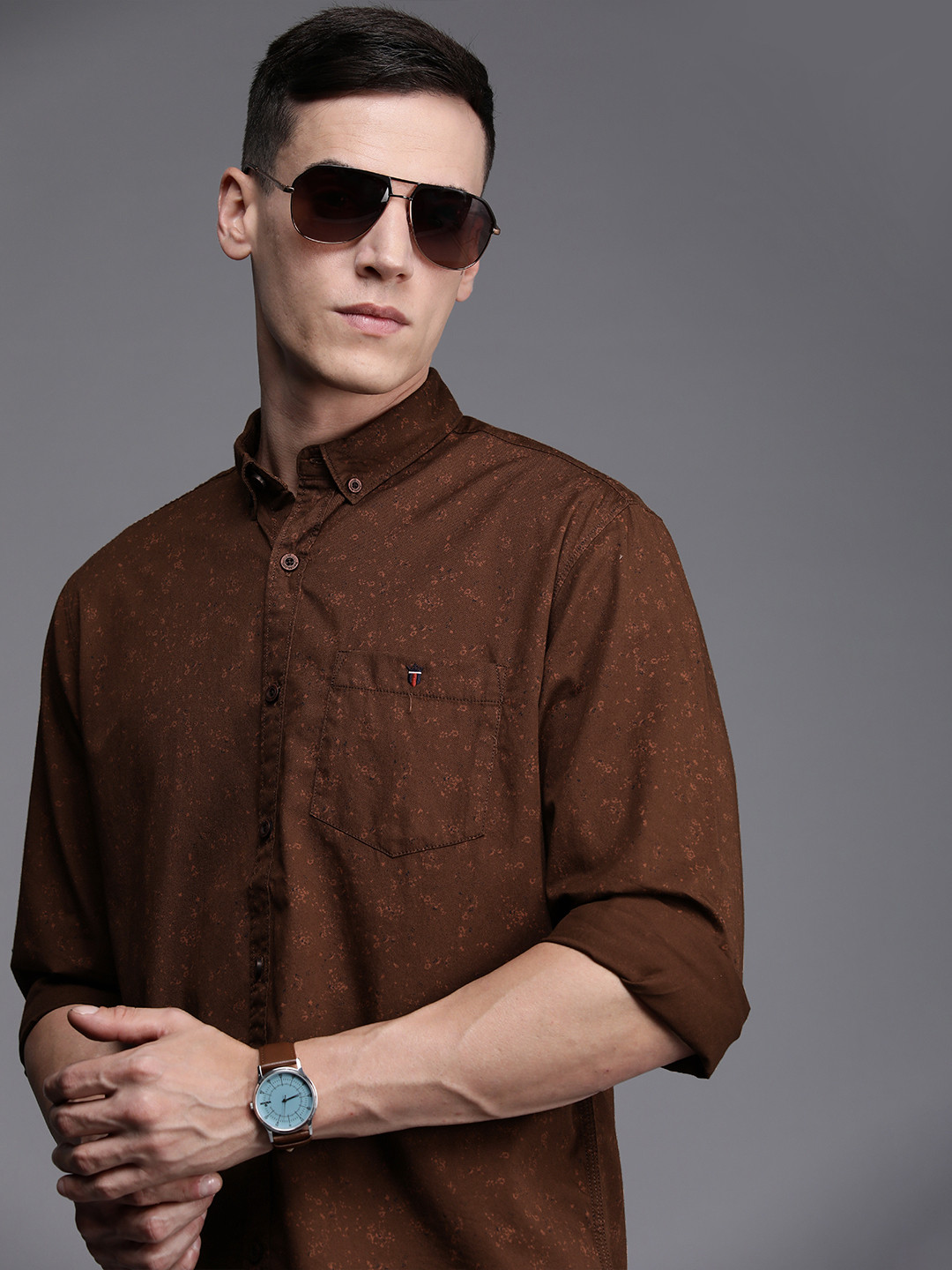 

Louis Philippe Jeans Men Brown Slim Fit Printed Pure Cotton Casual Shirt