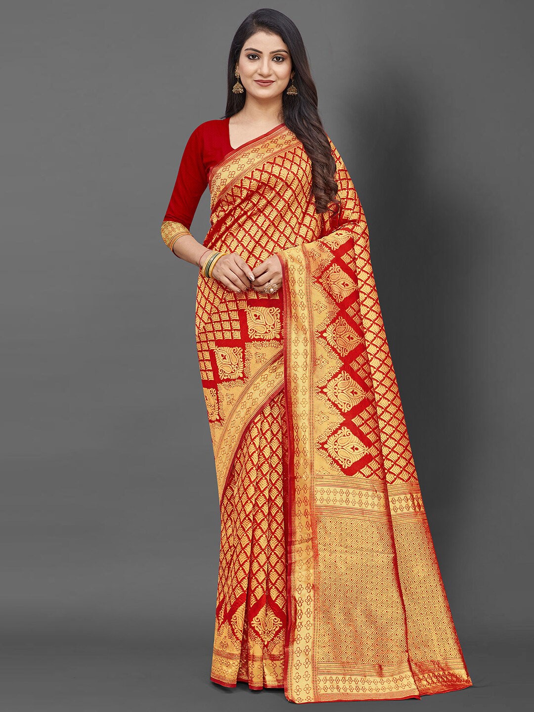 

KALINI Red & Gold-Toned Ethnic Motifs Silk Blend Banarasi Saree