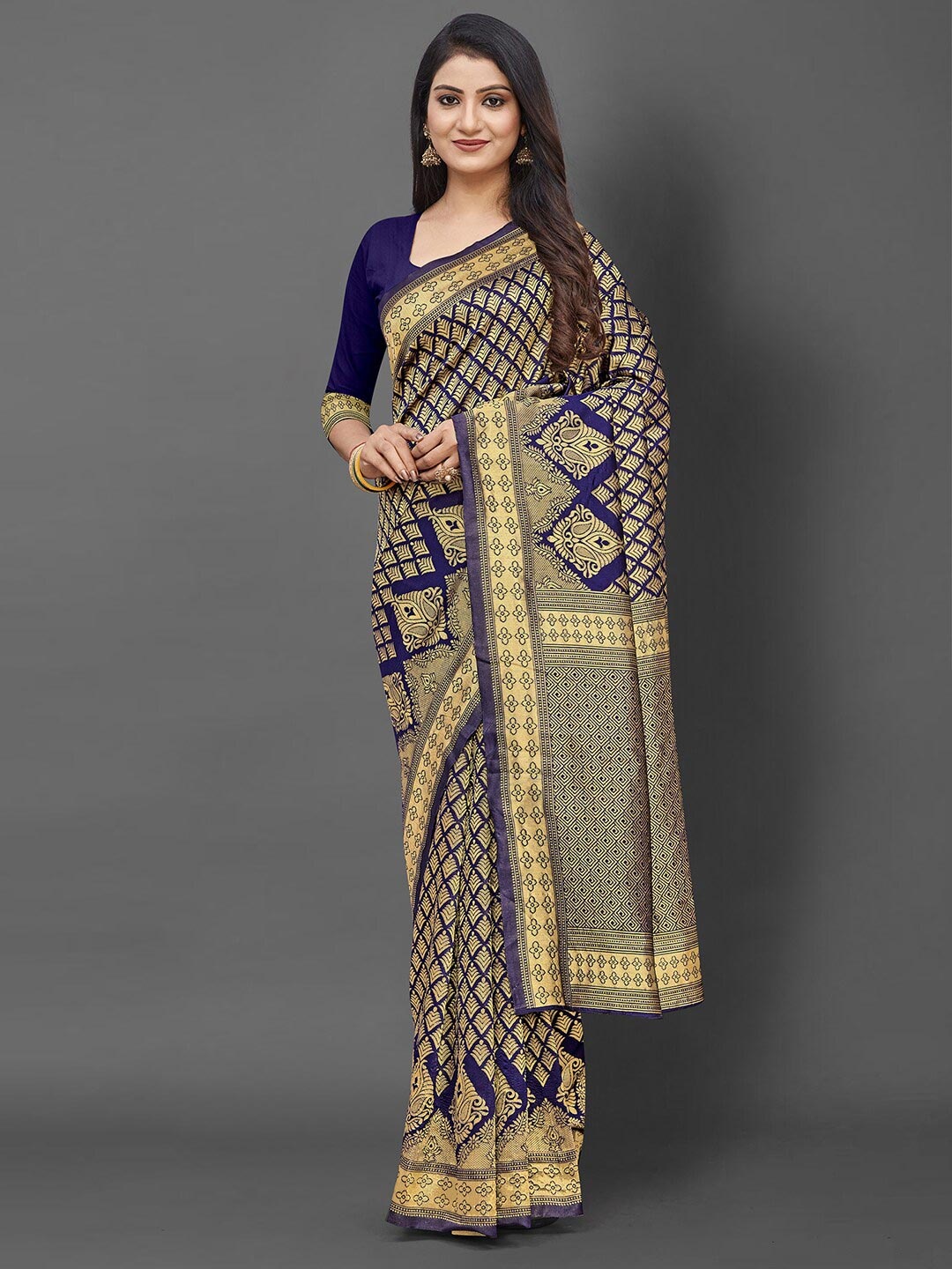 

KALINI Navy Blue & Gold-Toned Ethnic Motifs Silk Blend Banarasi Saree