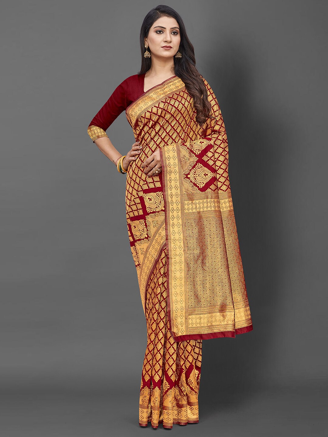 

KALINI Maroon & Gold-Toned Ethnic Motifs Zari Silk Blend Banarasi Saree