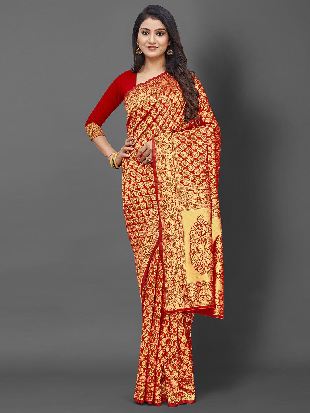 

KALINI Red & Gold-Toned Ethnic Motifs Zari Silk Blend Banarasi Saree