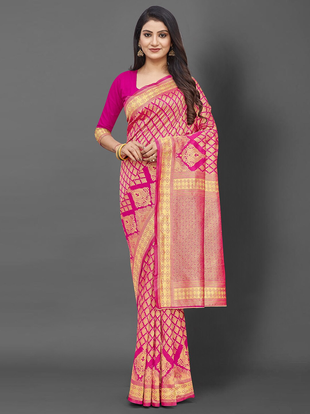 

KALINI Pink & Gold-Toned Ethnic Motifs Zari Banarasi Saree