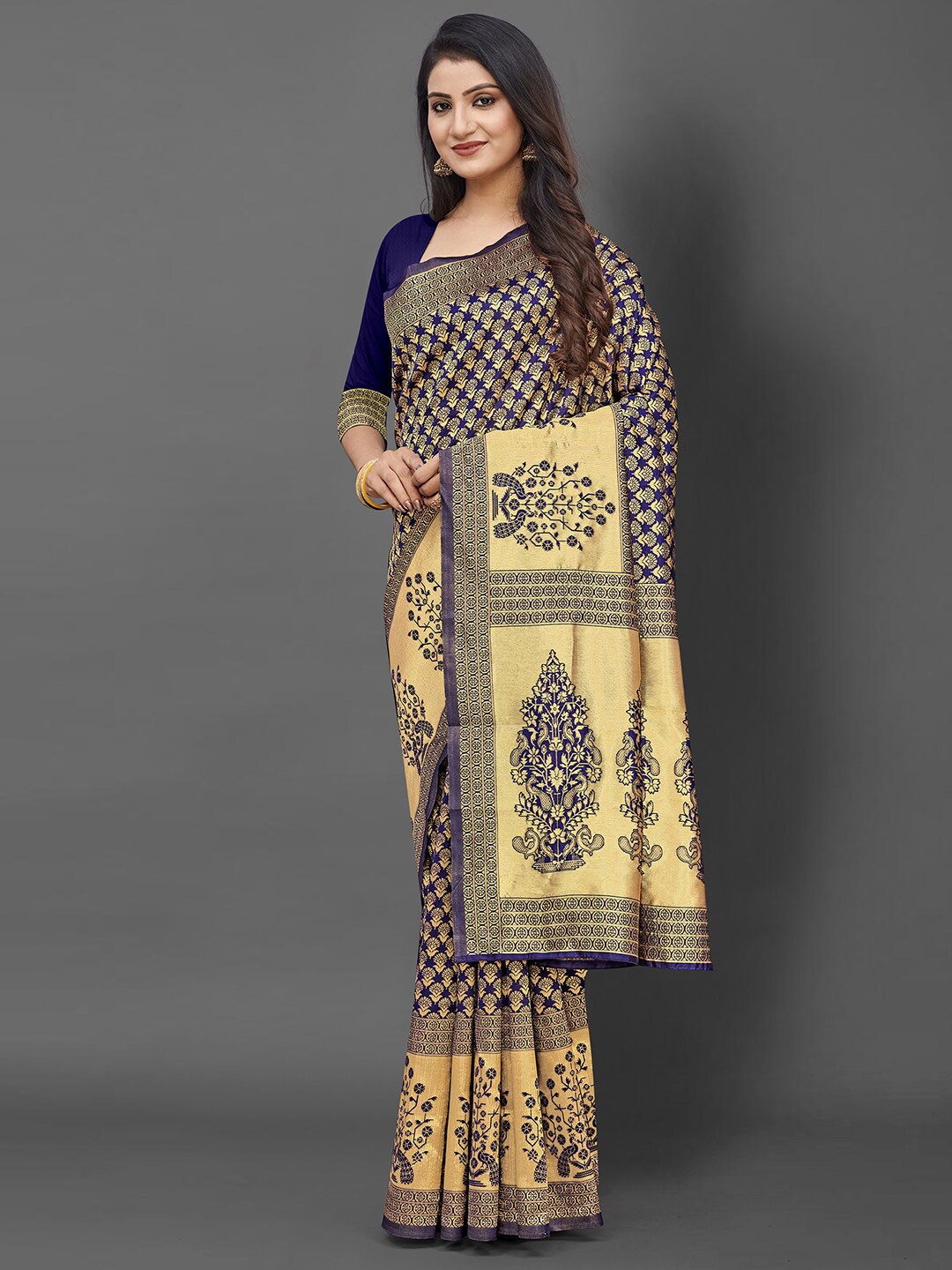 

KALINI Navy Blue & Gold-Toned Floral Zari Banarasi Saree