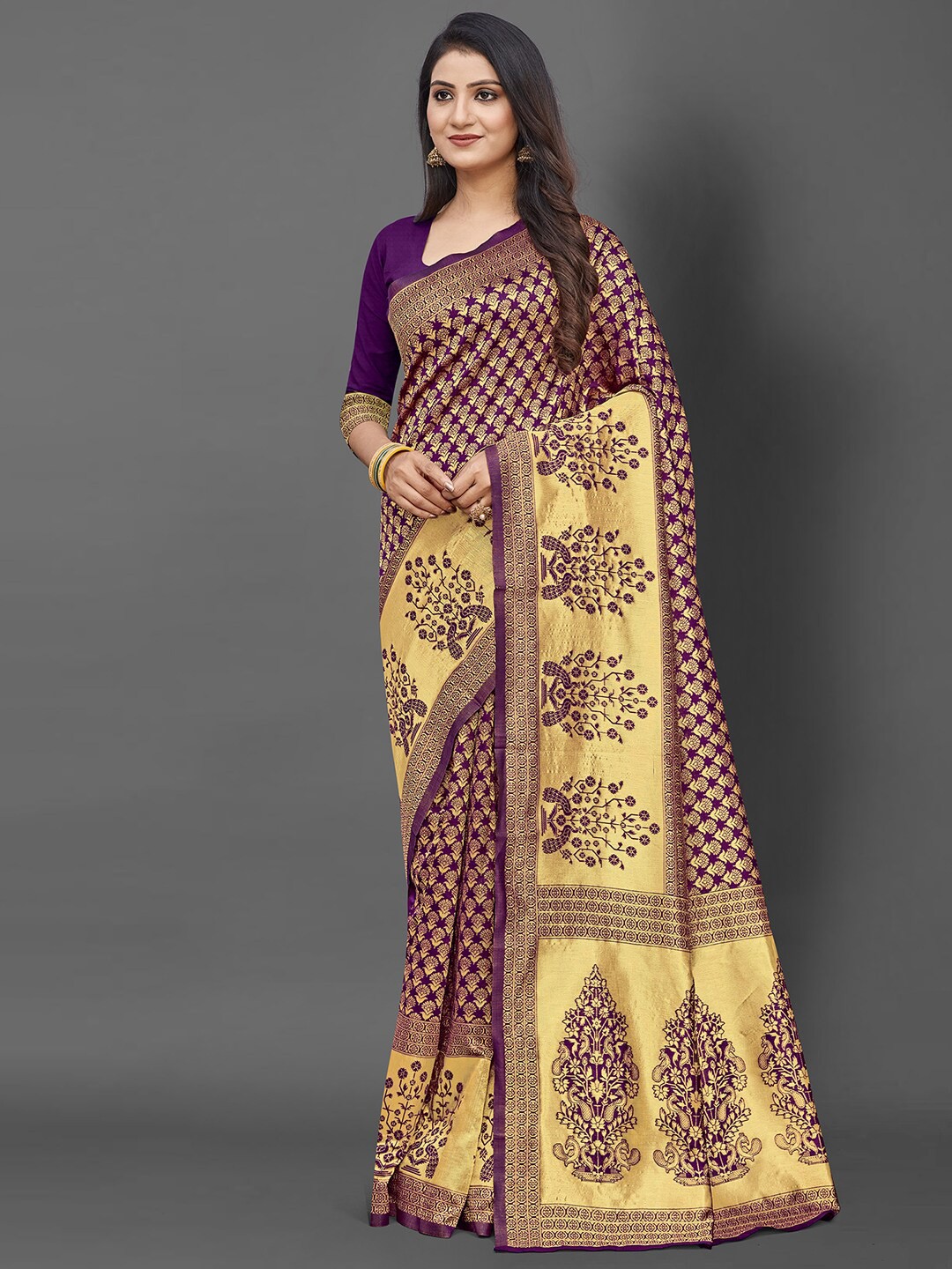 

KALINI Purple & Gold-Toned Floral Zari Banarasi Saree