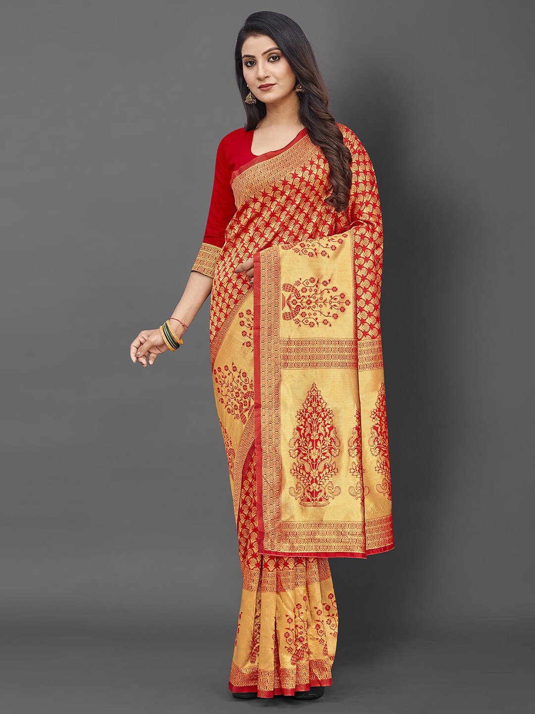 

KALINI Red & Gold-Toned Floral Zari Banarasi Saree