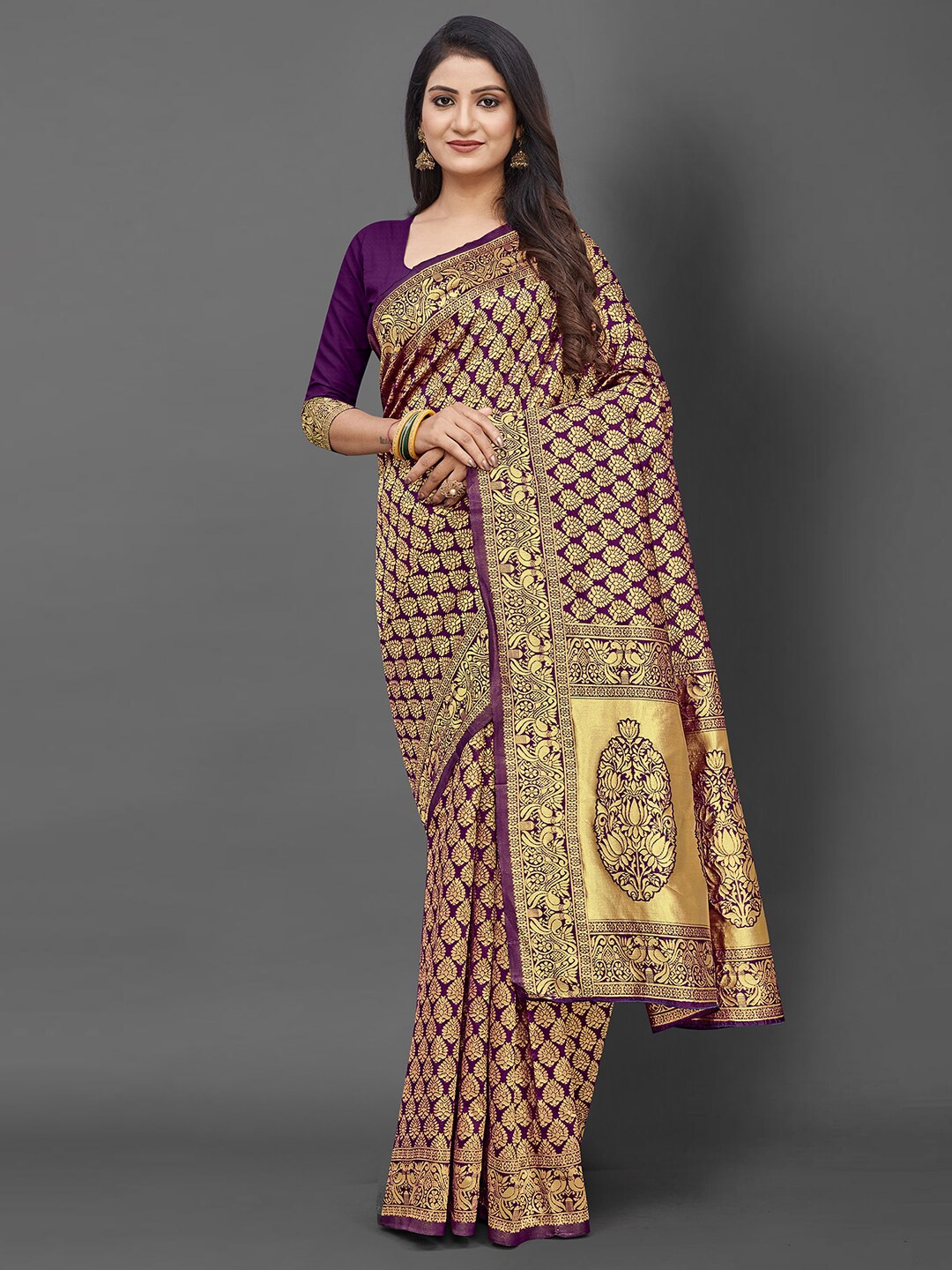 

KALINI Purple & Gold-Toned Floral Zari Banarasi Saree