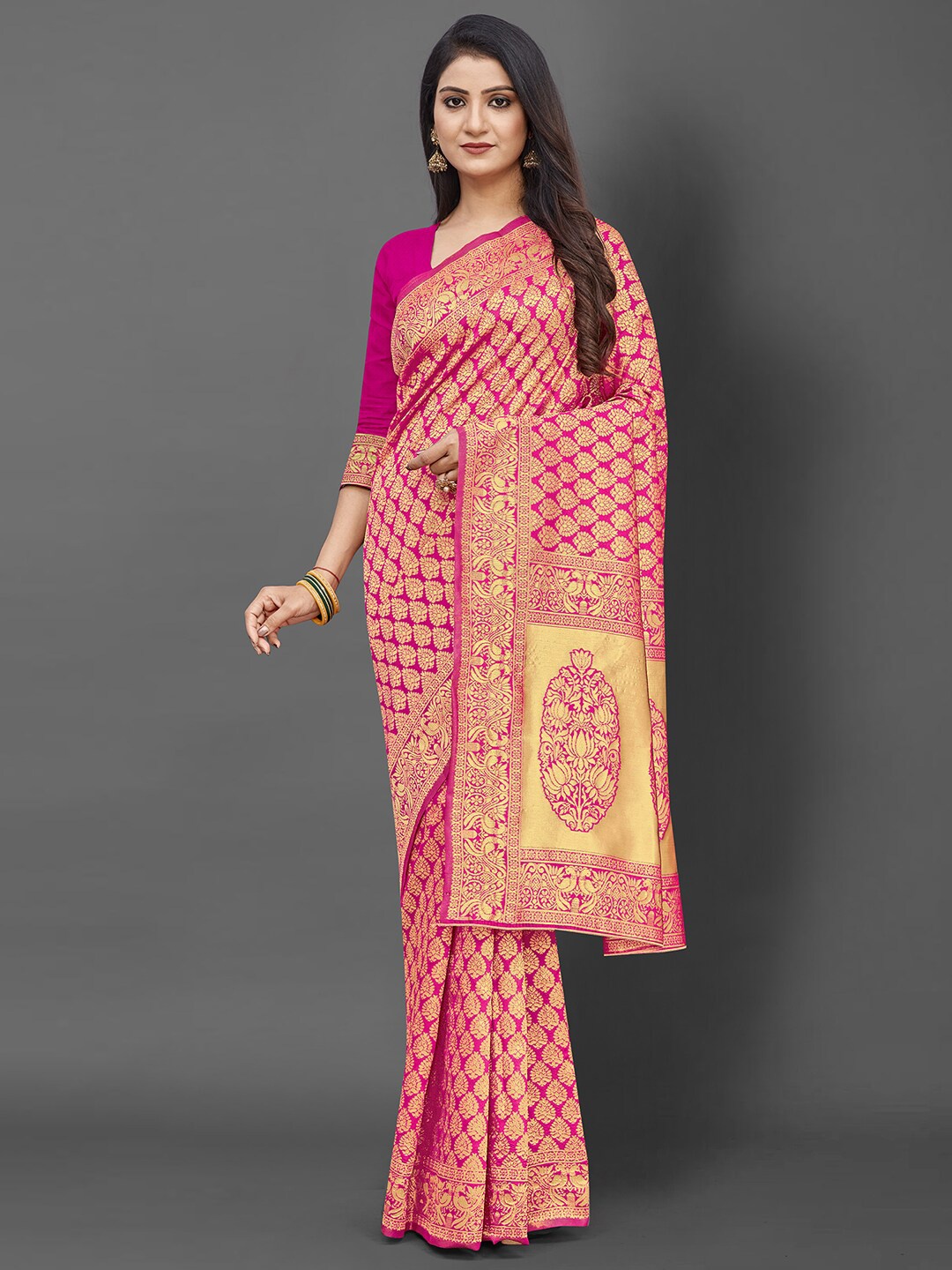 

KALINI Pink & Gold-Toned Floral Zari Silk Blend Banarasi Saree
