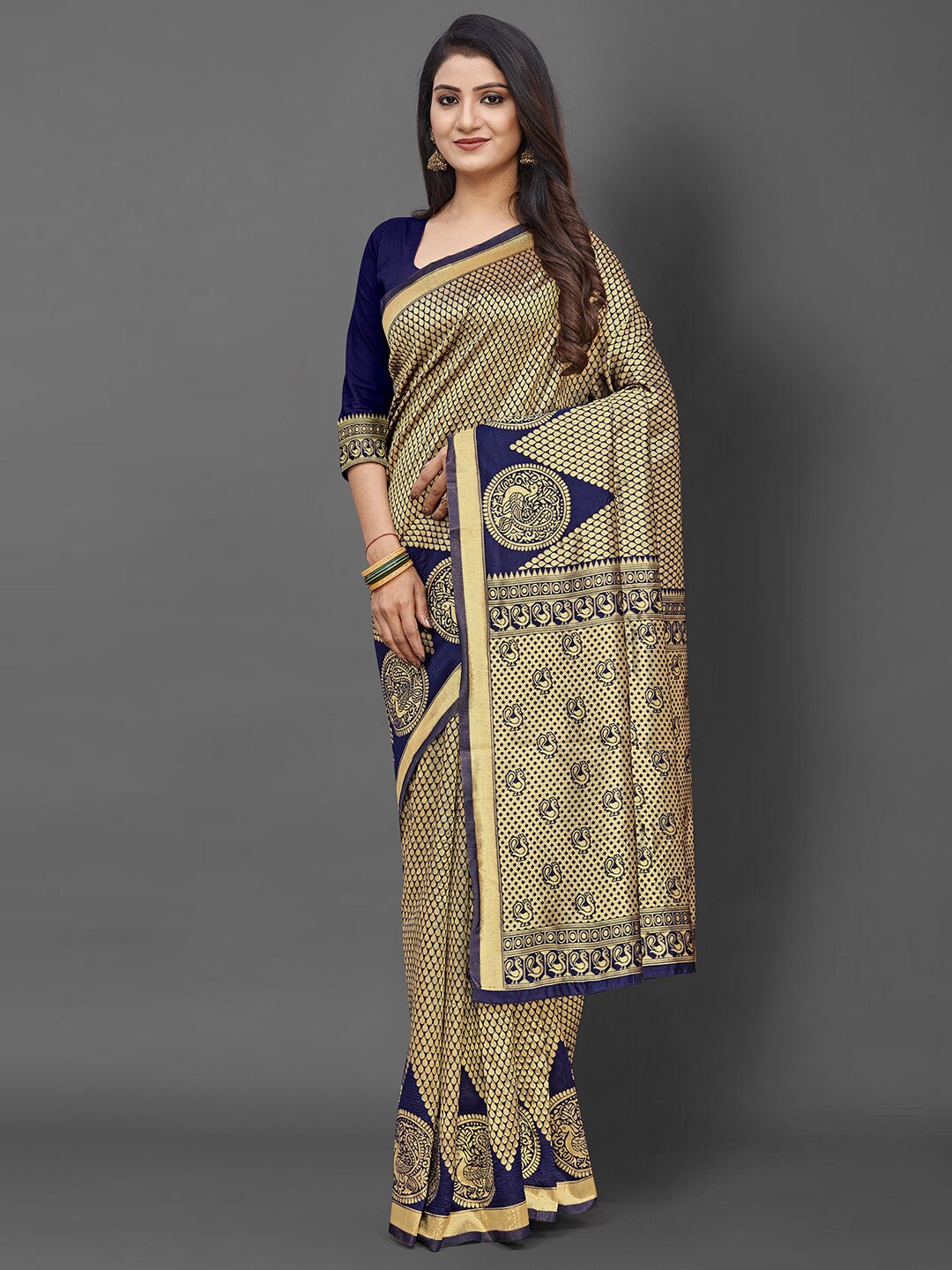 

KALINI Navy Blue & Beige Ethnic Motifs Silk Blend Banarasi Saree