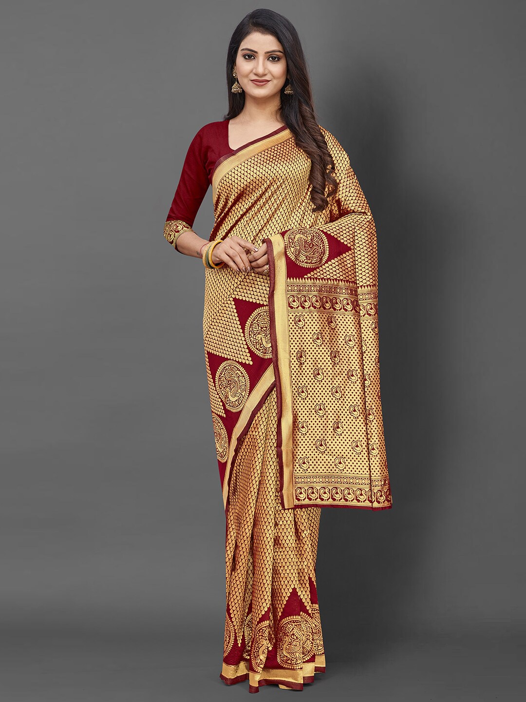 

KALINI Maroon & Gold-Toned Ethnic Motifs Zari Silk Blend Banarasi Saree